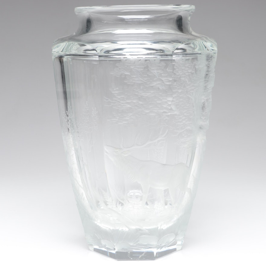 Luděk Balcar for Moser Forest with Elk Cut and Engraved Czech Crystal Vase, 1977