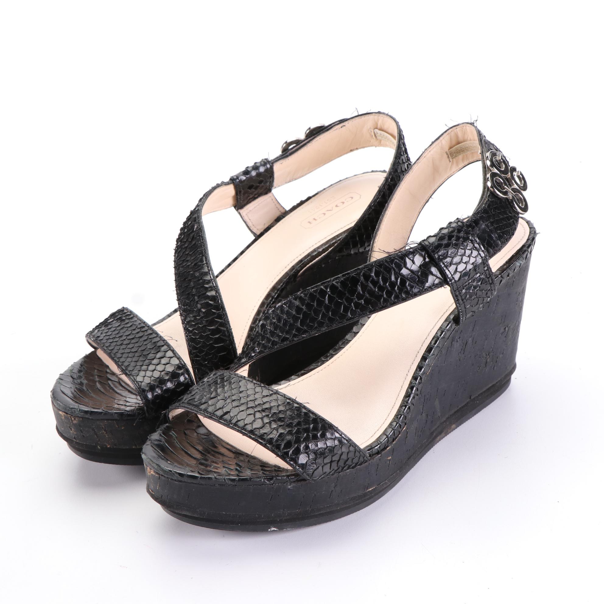Coach and Kate Spade Platform Wedge Sandals in Snakeskin and Cork/Leather