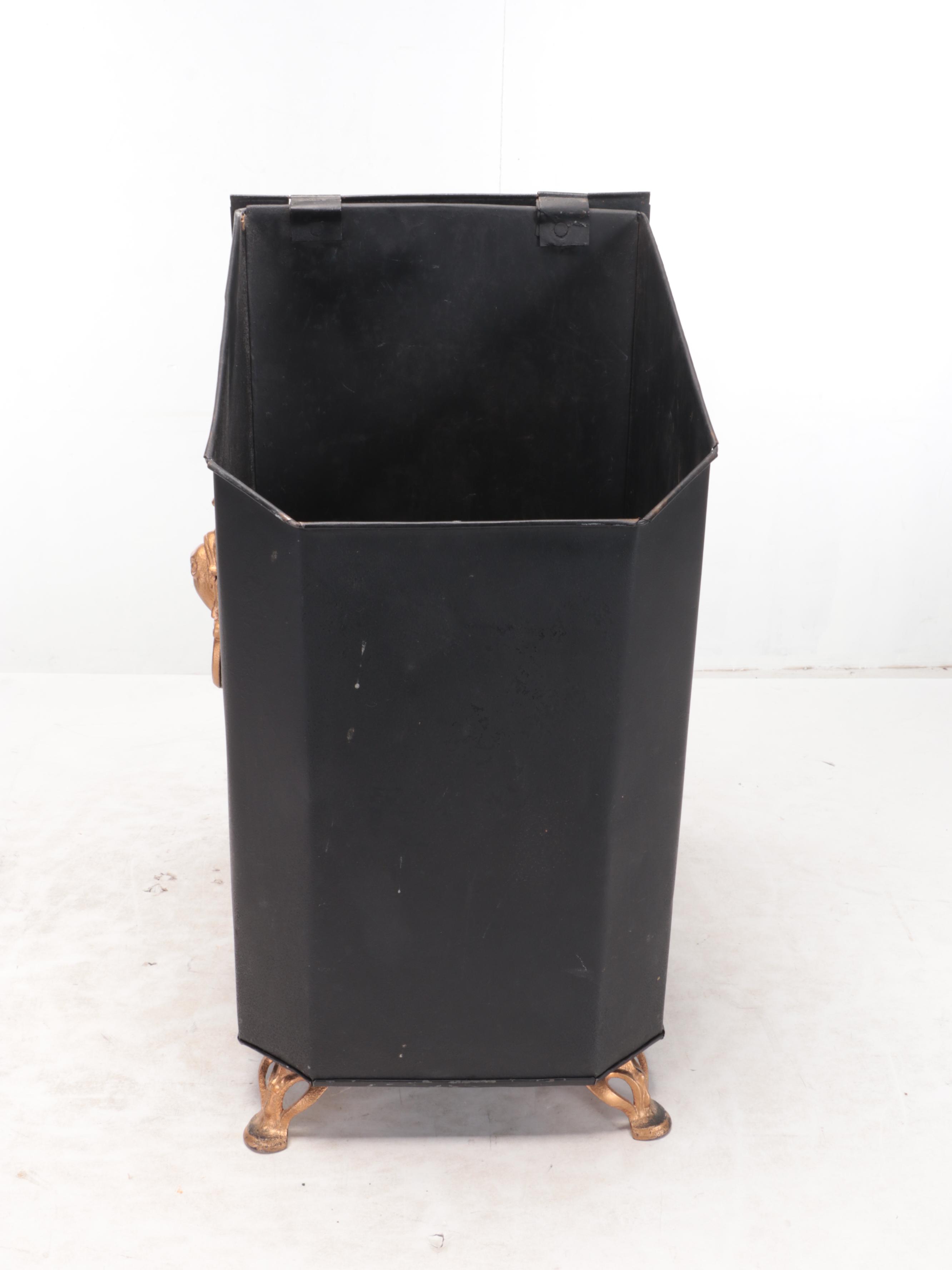 Victorian Style Gilt Metal Mounted Coal Bucket with Wrought Iron Poker