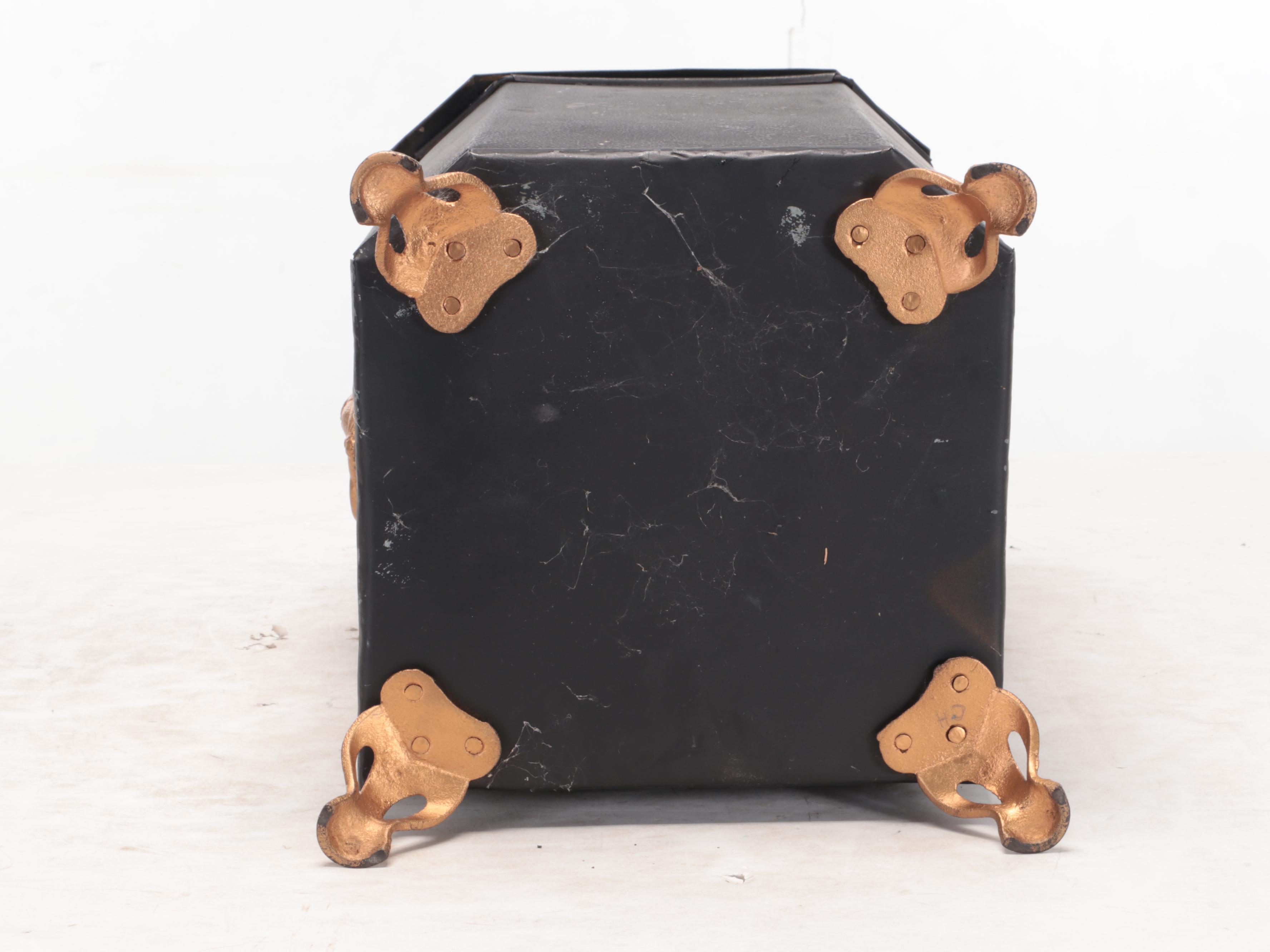 Victorian Style Gilt Metal Mounted Coal Bucket with Wrought Iron Poker