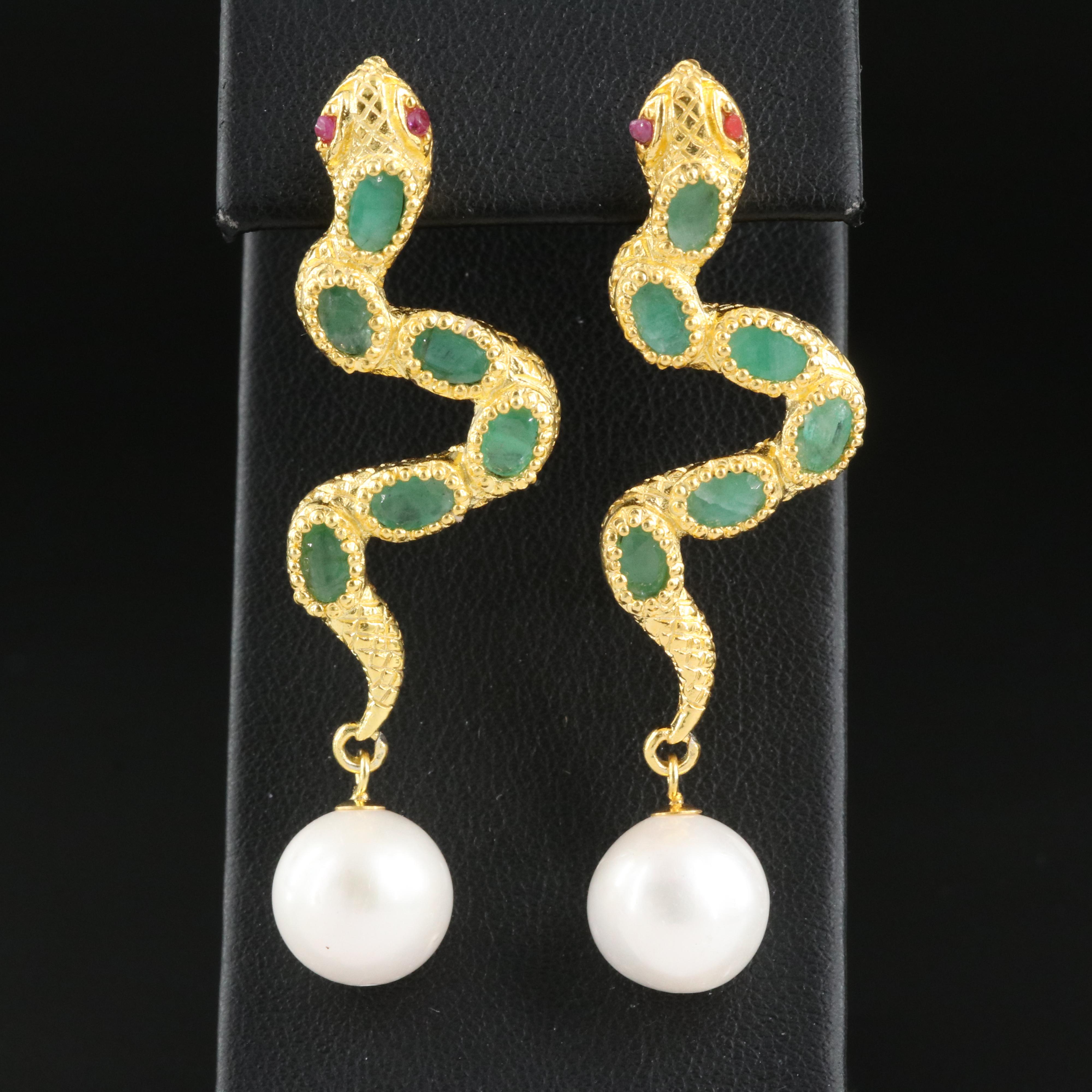 Sterling Ruby, Emerald and Pearl Snake Earrings