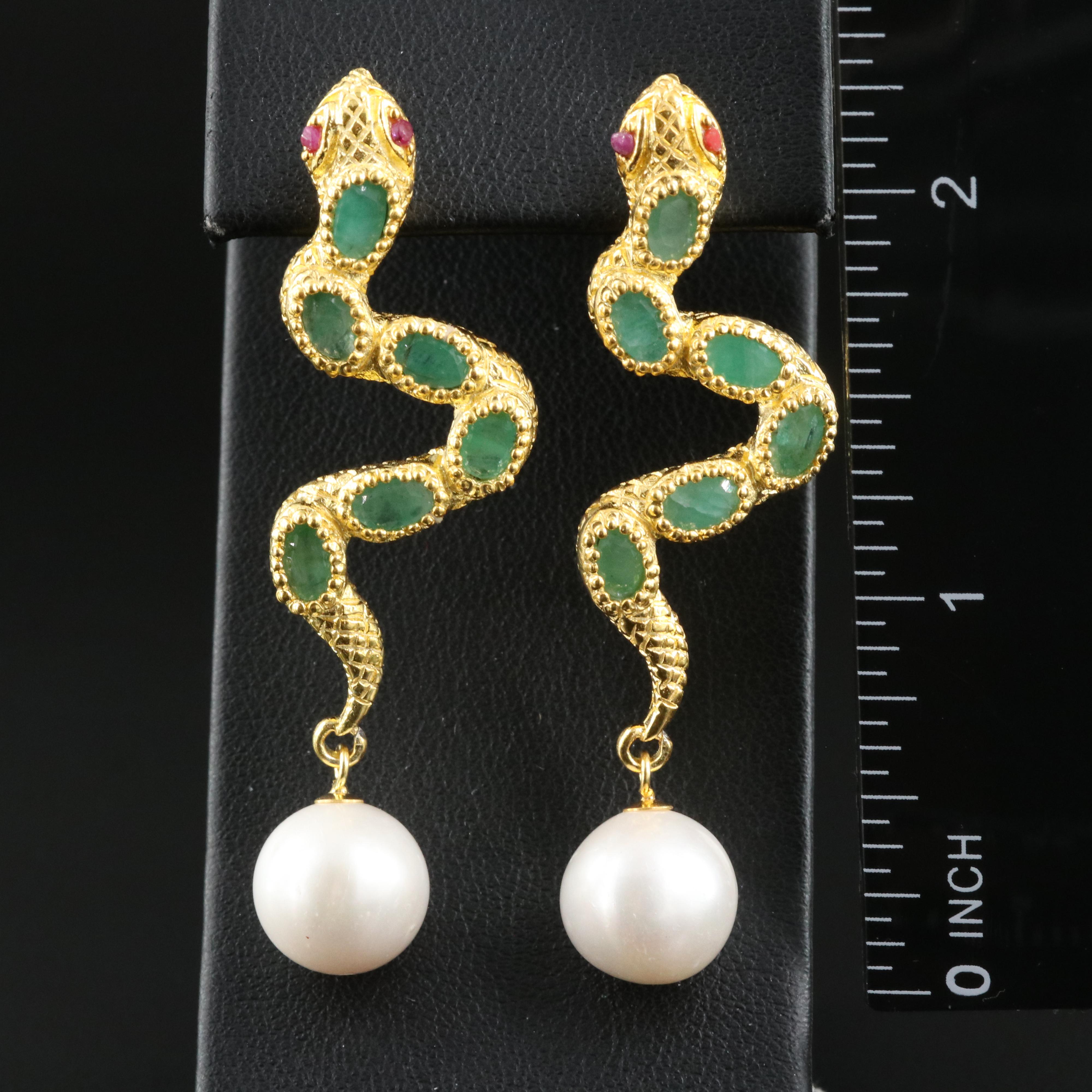 Sterling Ruby, Emerald and Pearl Snake Earrings