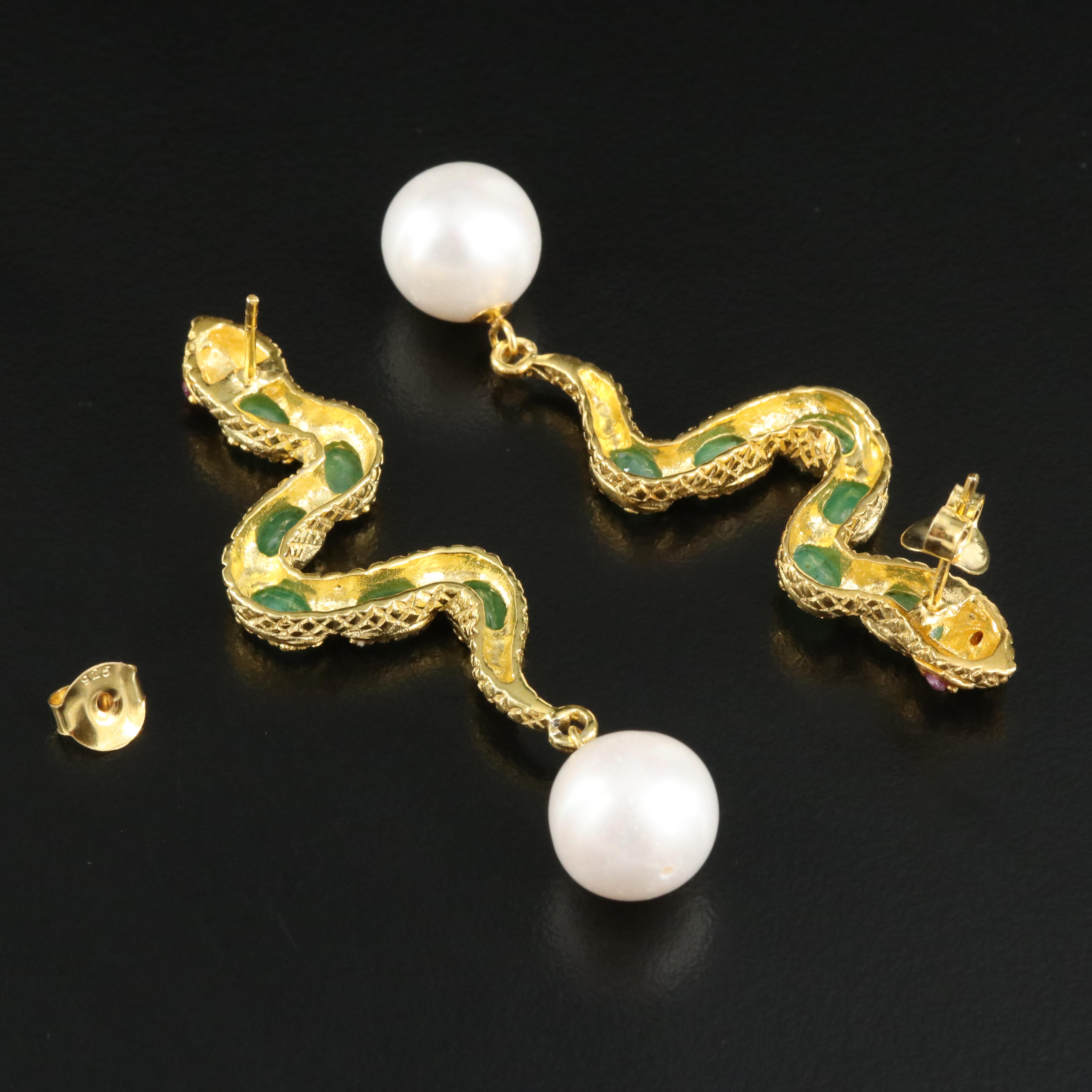 Sterling Ruby, Emerald and Pearl Snake Earrings