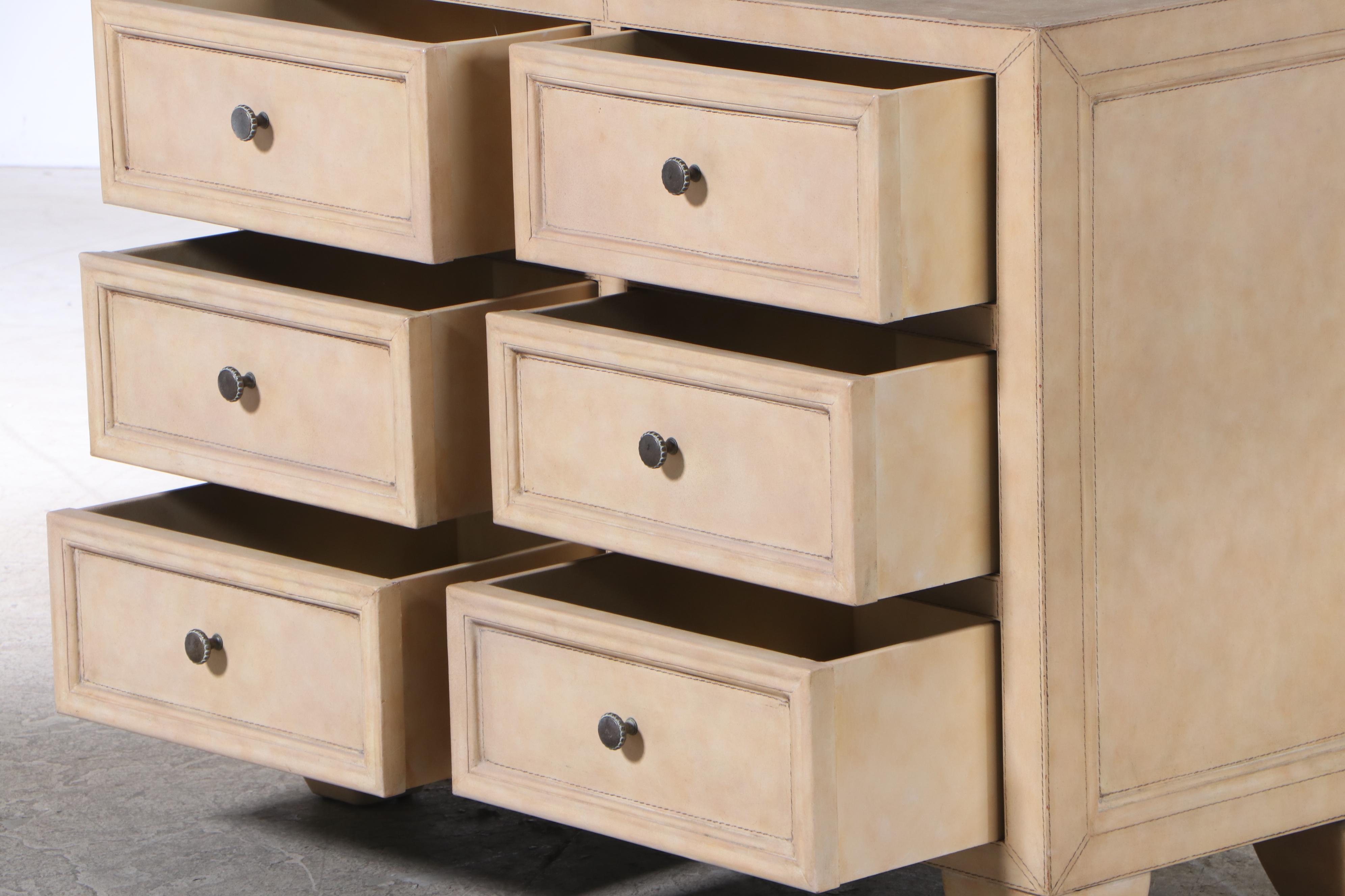 Cream Leather-Clad Six-Drawer Chest, Late 20th Century