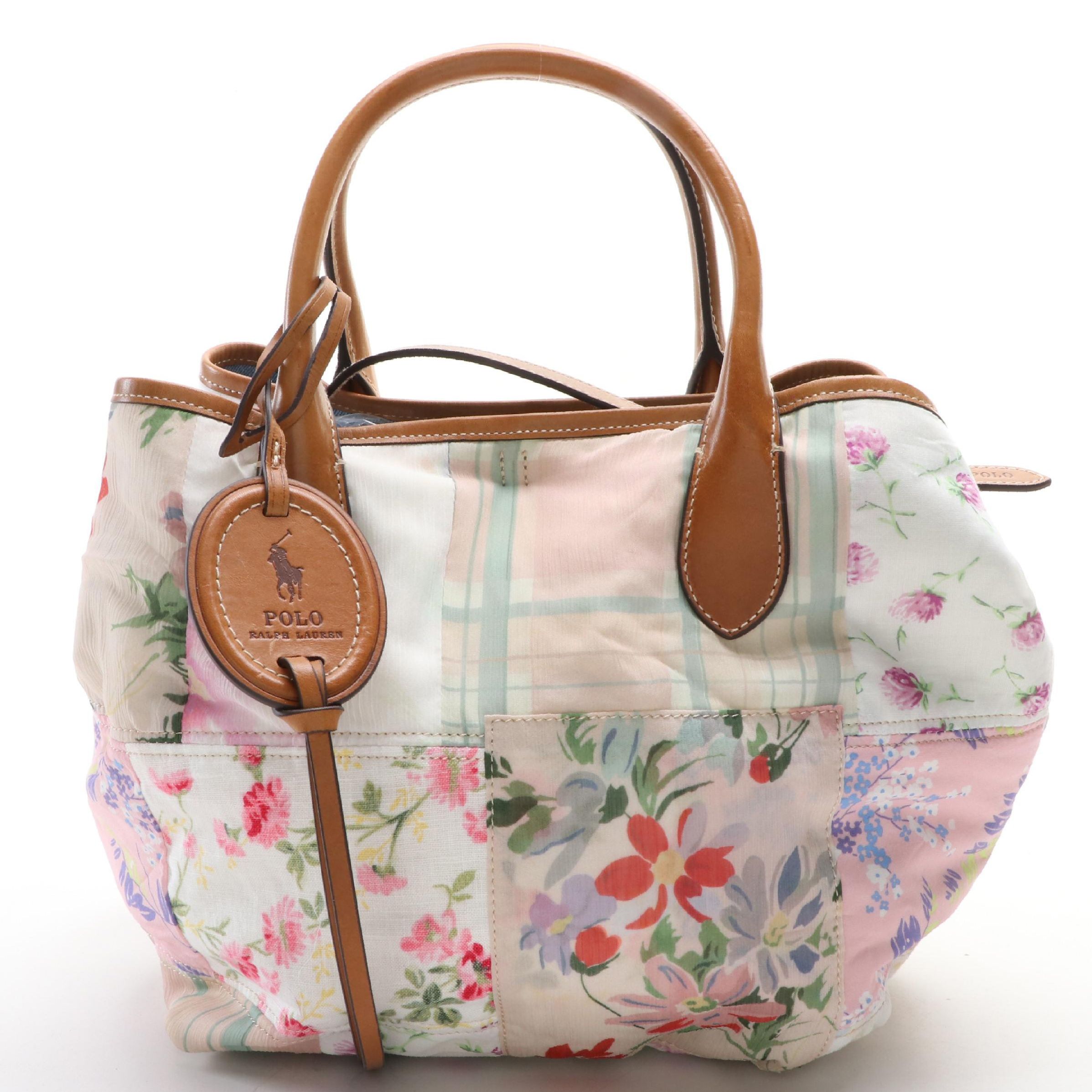 Polo Ralph Lauren Bellport Medium Patchwork Textile Tote/Leather Trim with Box