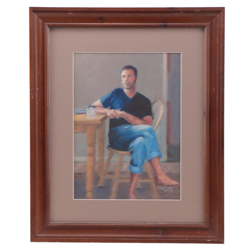 Sally Tieke Pastel Drawing of Man Seated at Table, 2009