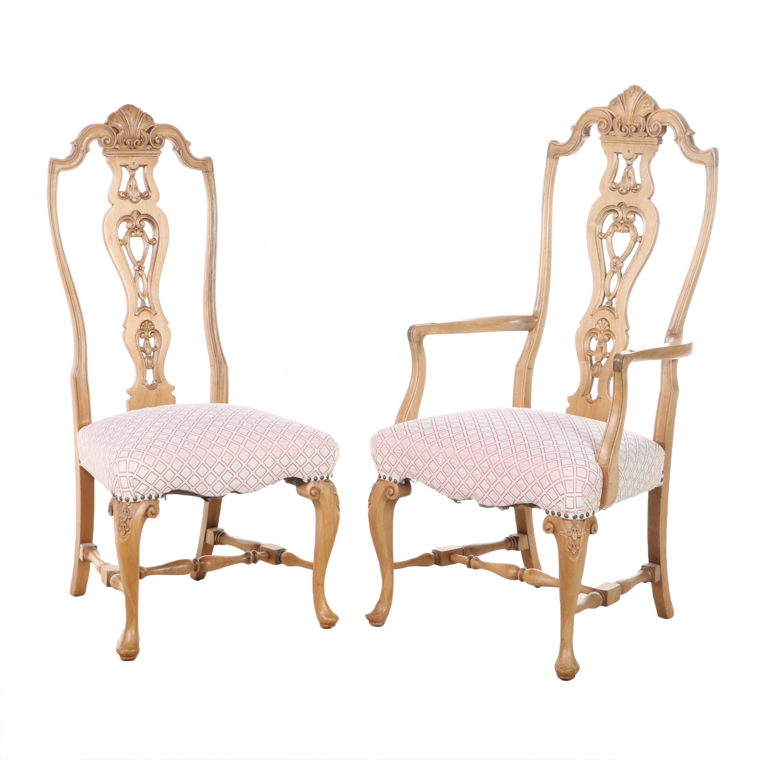 Baroque Style Blonde Mahogany and Custom-Upholstered Armchair and Side Chair