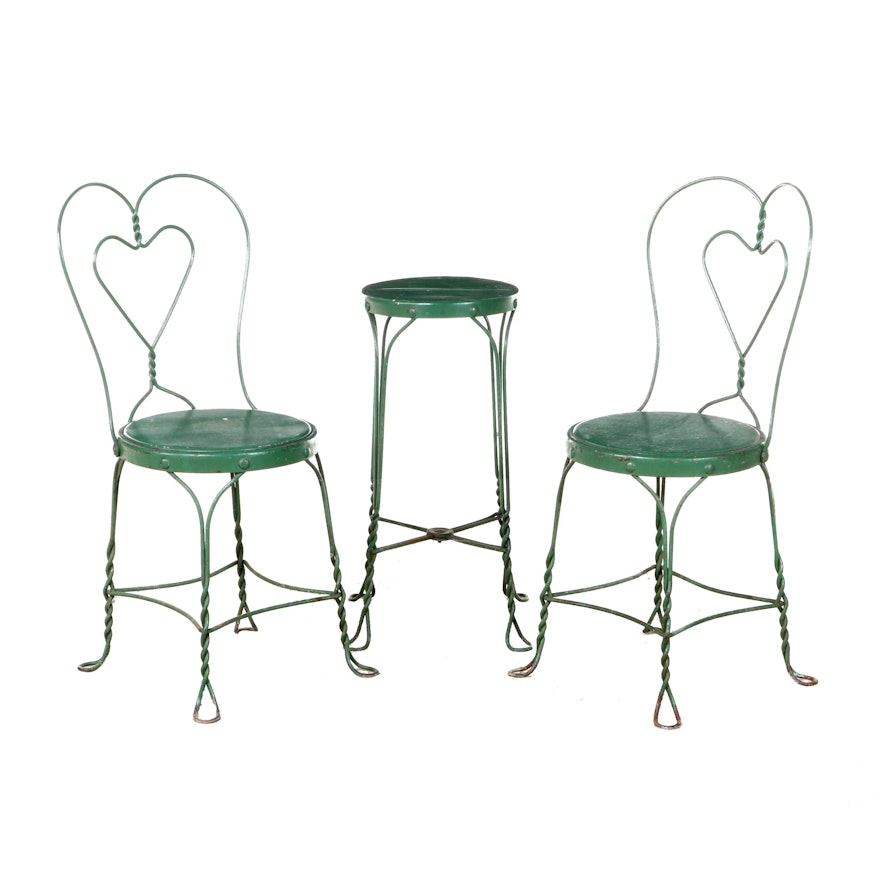 Two Green-Painted Twisted Wire Ice Cream Parlor Side Chairs and Counter Stool