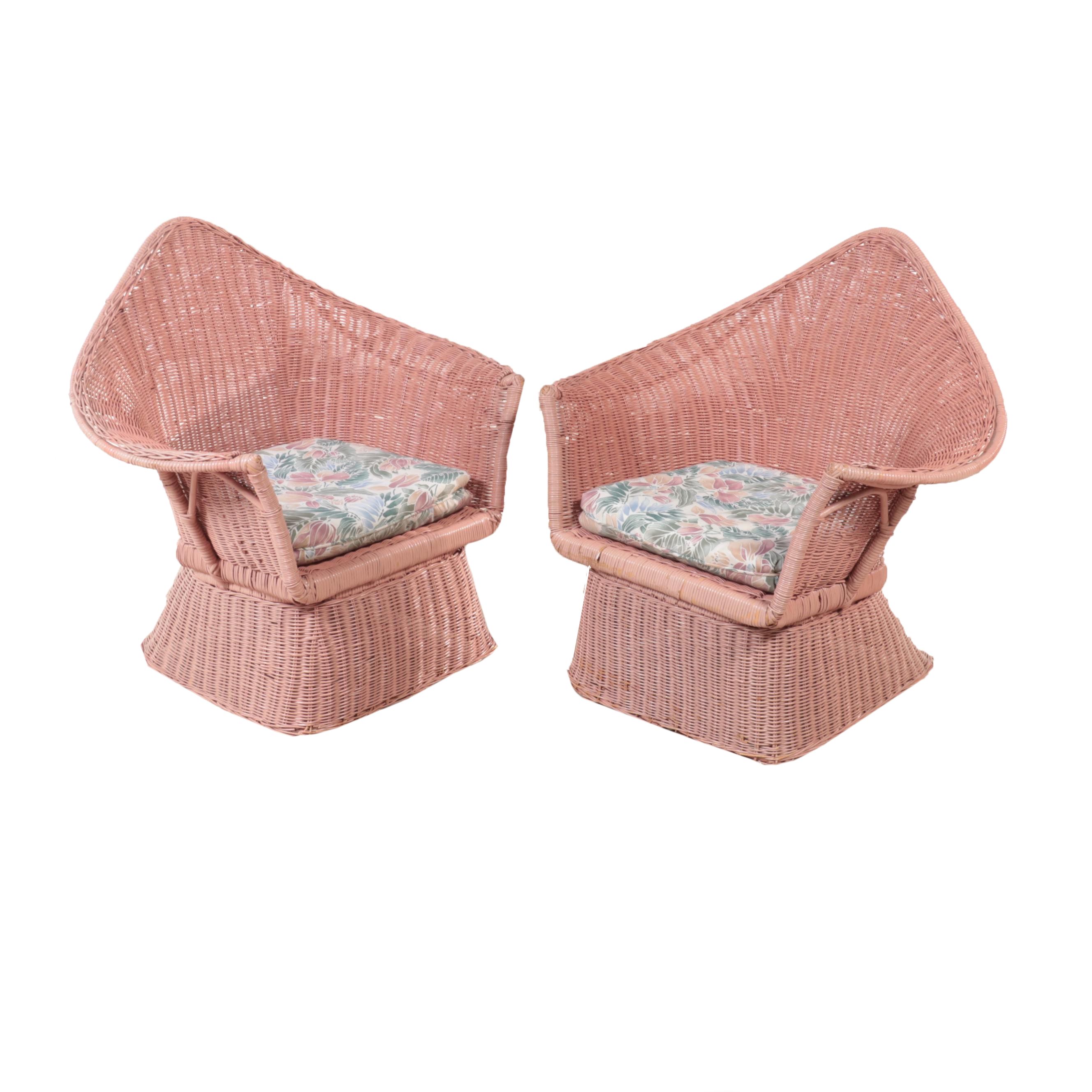 Pair of Painted Wicker and Rattan Patio Lounge Chairs, Late 20th Century