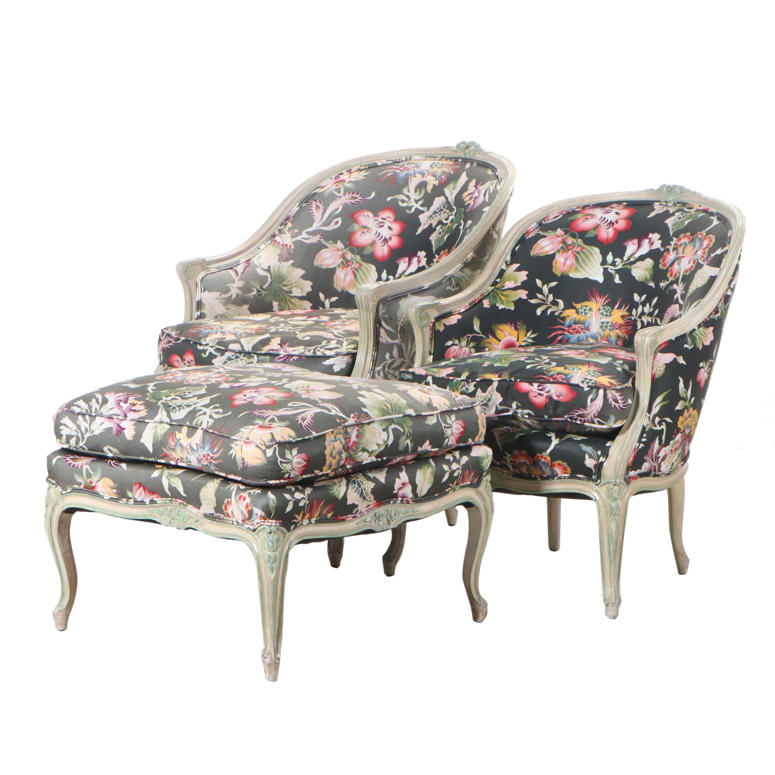 Two Louis XV Style Painted Beech and Custom-Upholstered Bergères and Ottoman
