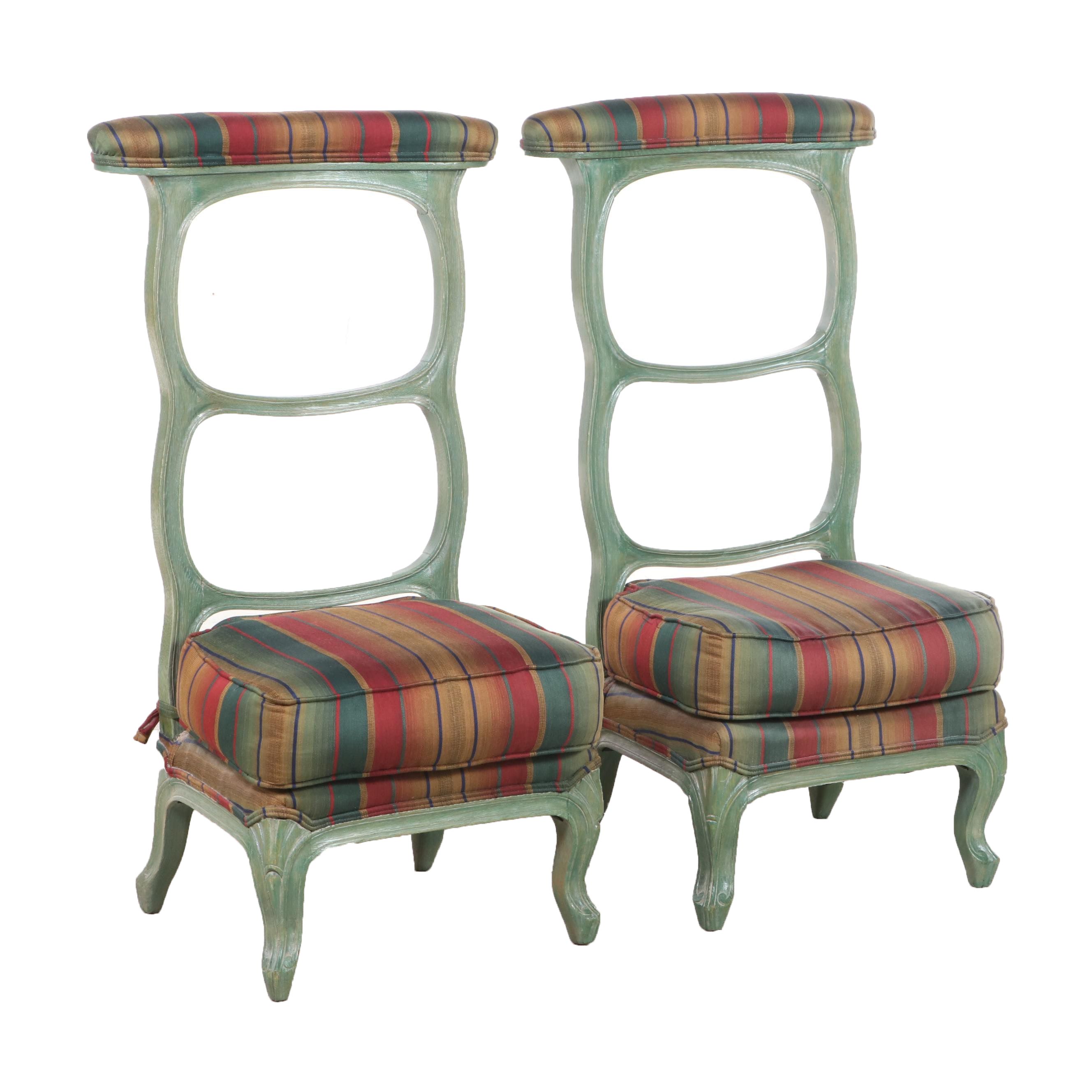 Pair of Louis XV Style Green-Painted Oak and Custom-Upholstered Prie-Dieus