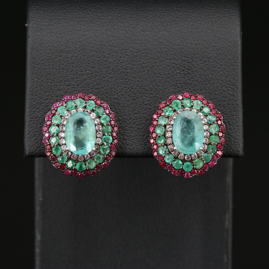 Sterling Emerald, Ruby and Sapphire Drop Earrings