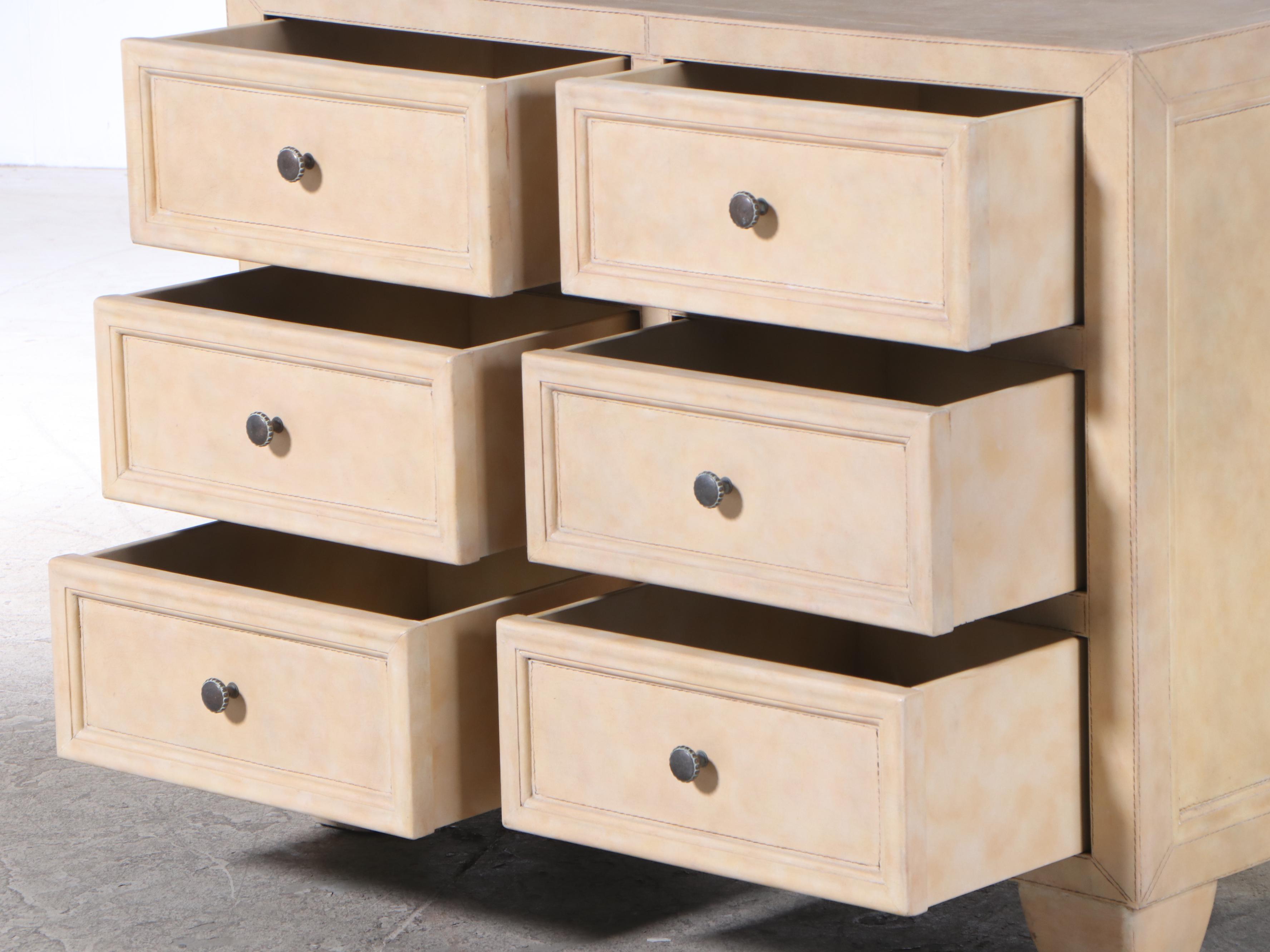 Cream Leather-Clad Six-Drawer Chest, Late 20th Century
