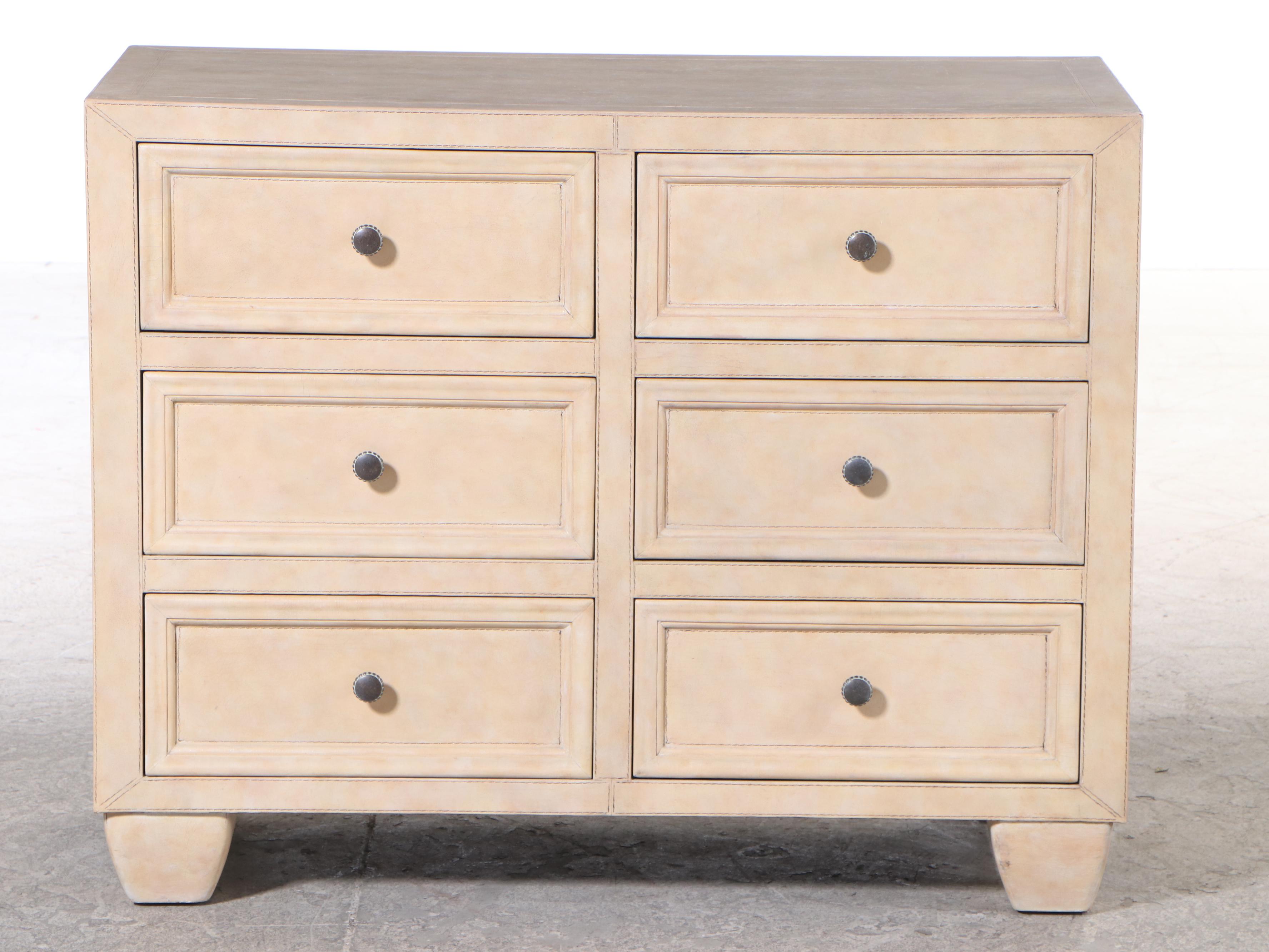 Cream Leather-Clad Six-Drawer Chest, Late 20th Century