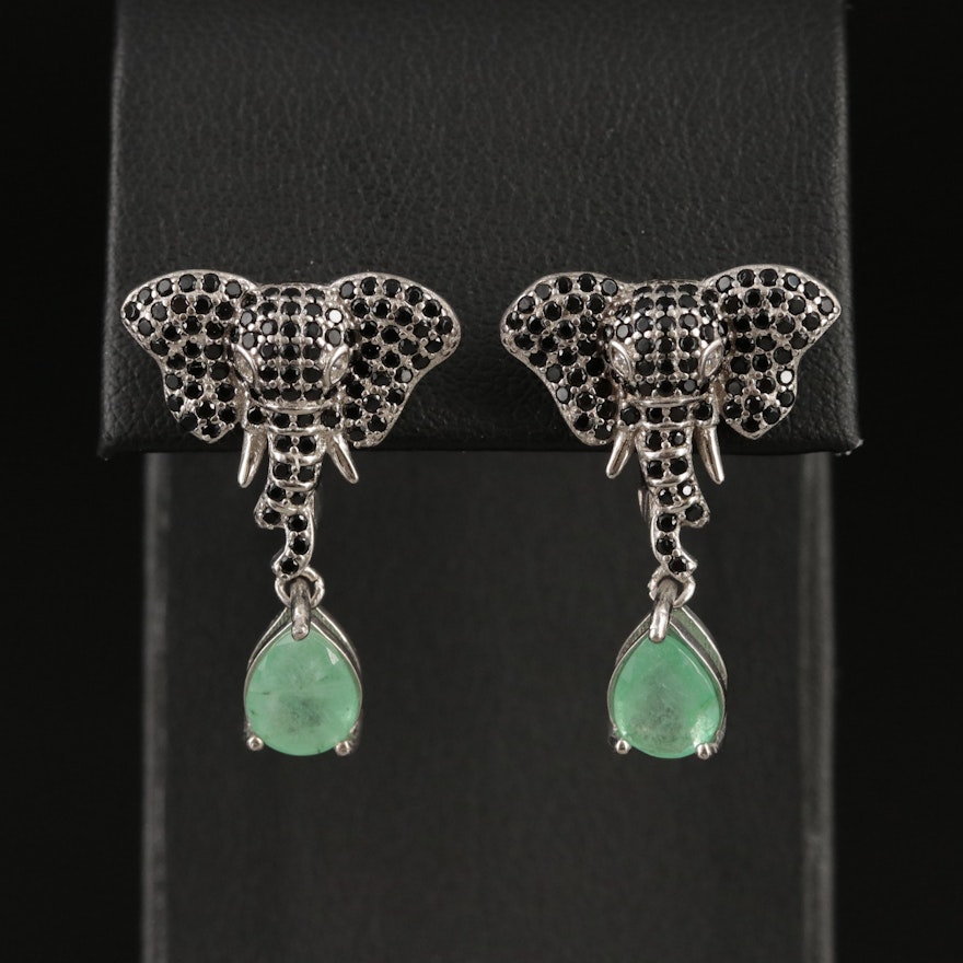 Sterling Emerald and Cubic Zirconia Elephant Earrings