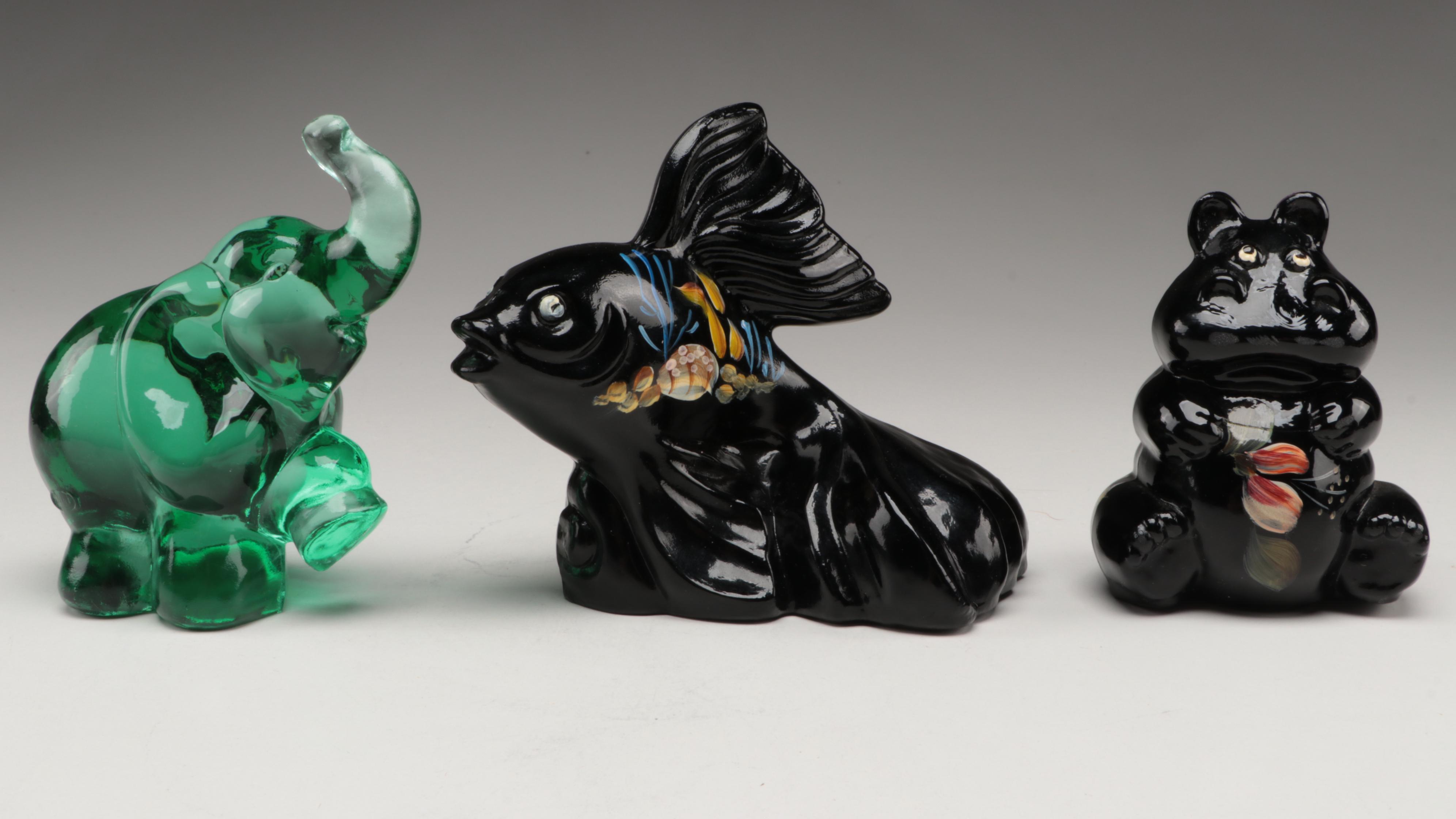 Fenton Hand-Painted Black and Green Glass Animal Figurines