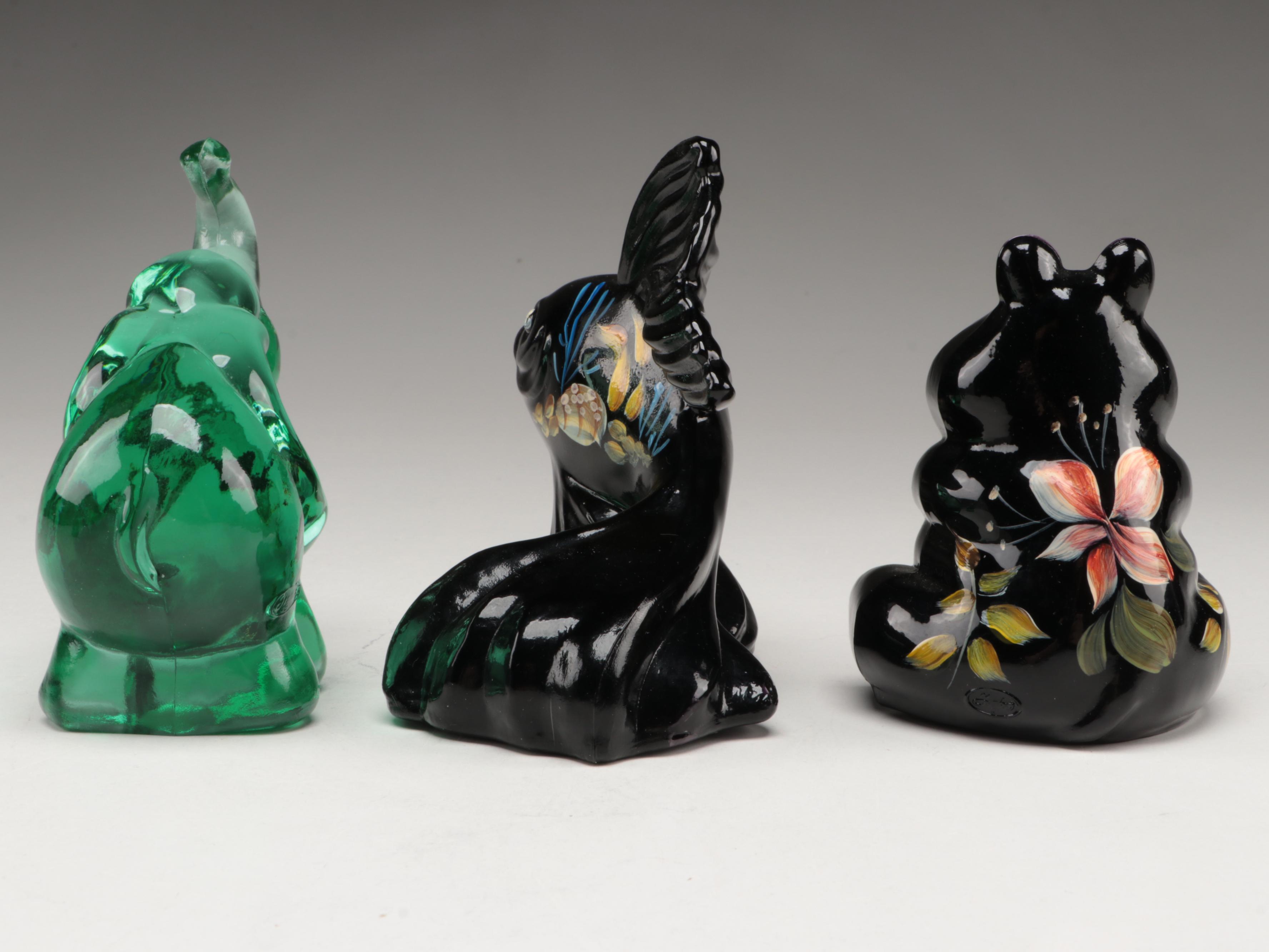 Fenton Hand-Painted Black and Green Glass Animal Figurines