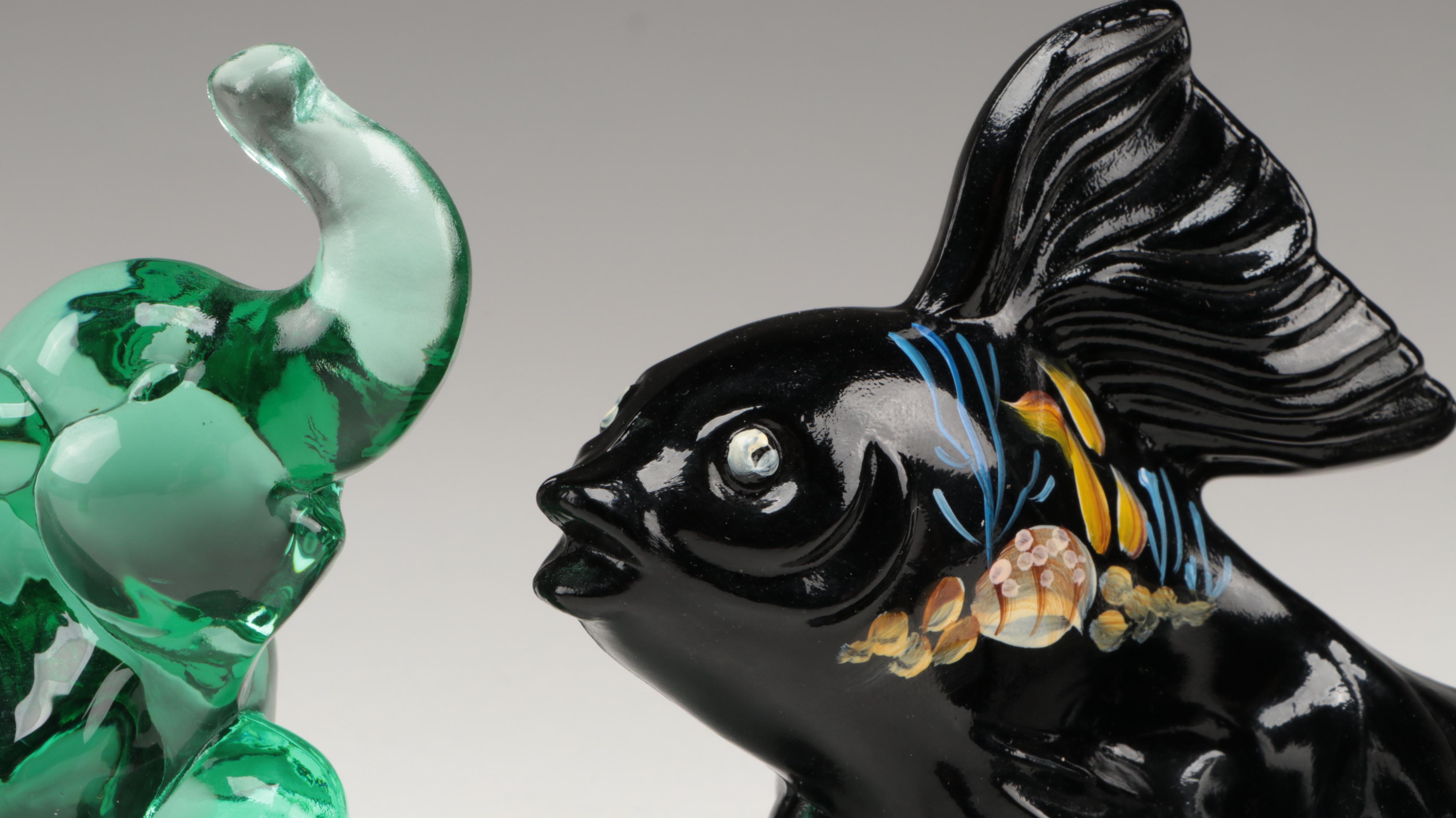 Fenton Hand-Painted Black and Green Glass Animal Figurines