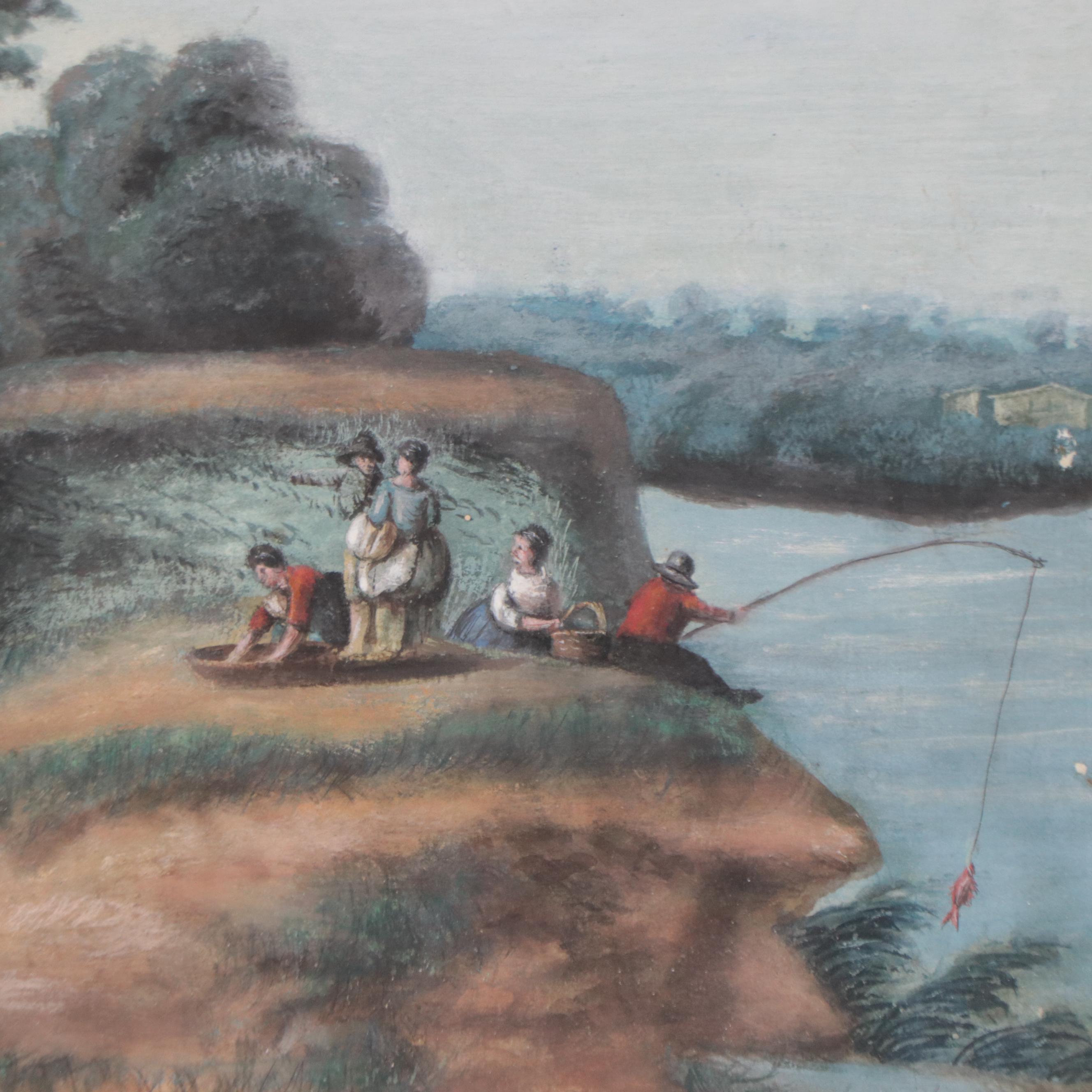 Coastal Genre Scene Gouache Painting, Circa 1900