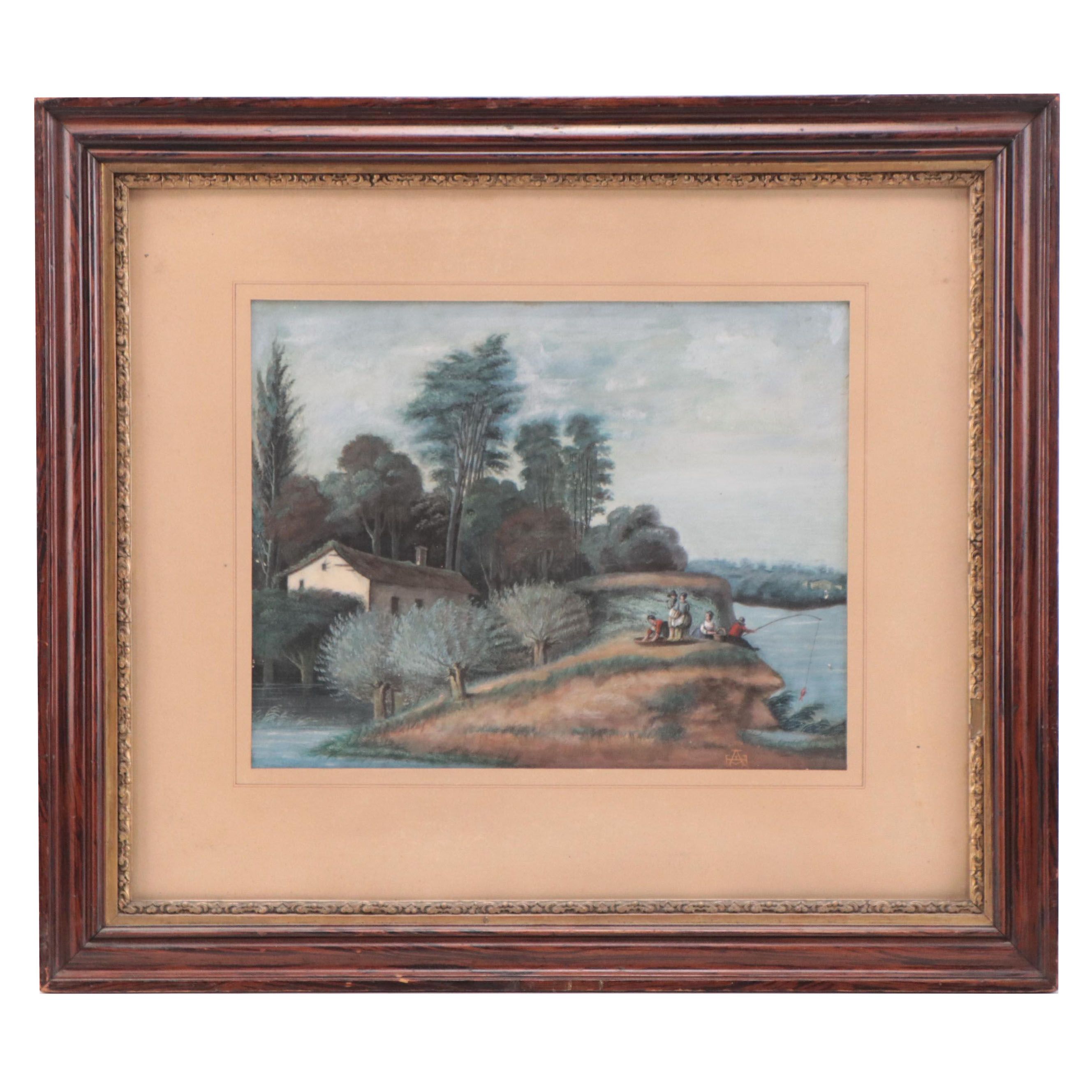 Coastal Genre Scene Gouache Painting, Circa 1900