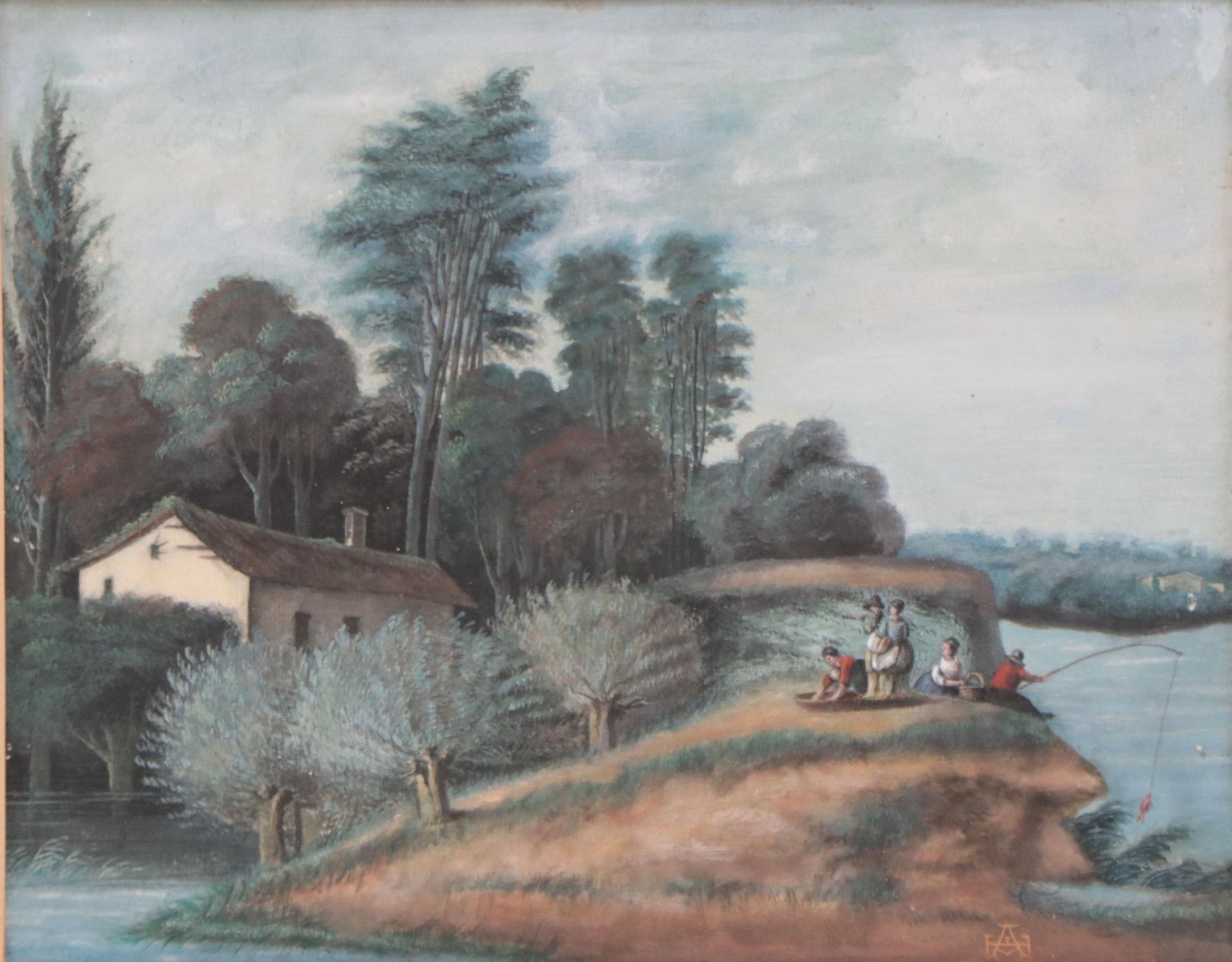 Coastal Genre Scene Gouache Painting, Circa 1900