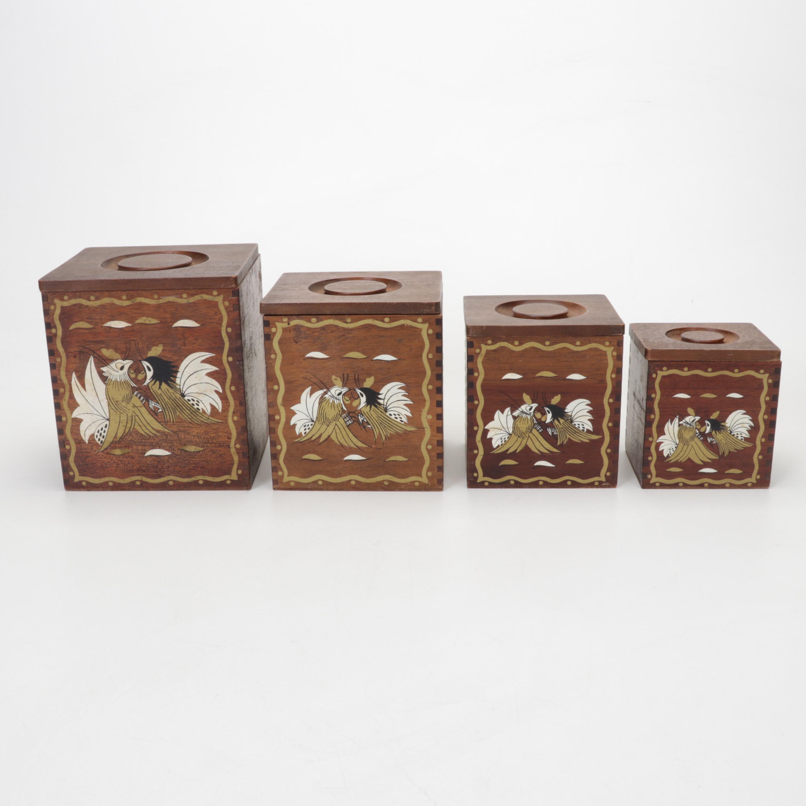 Dansk Enamel Paella and Loaf Pan with Japanese Wooden Rooster Nesting Boxes