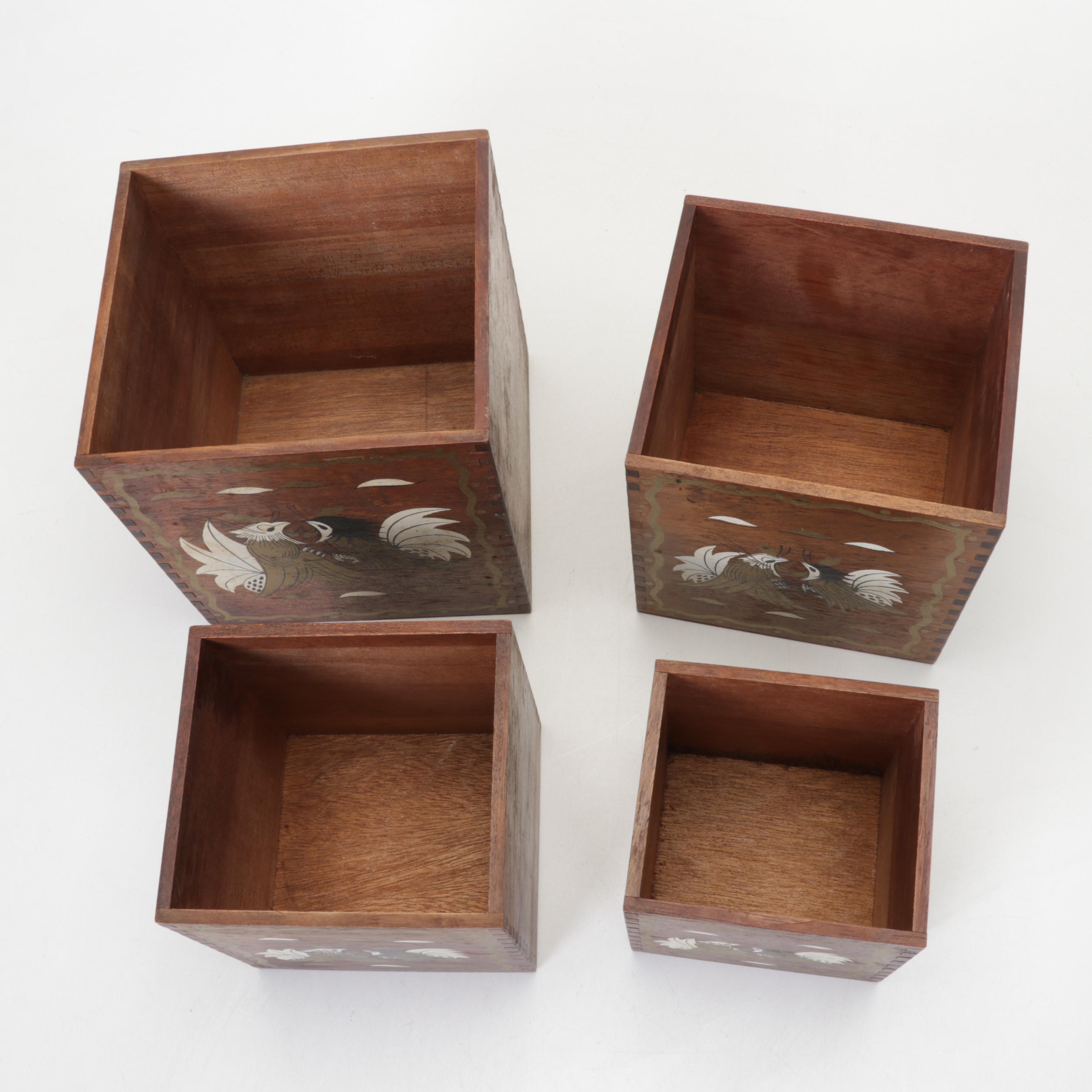 Dansk Enamel Paella and Loaf Pan with Japanese Wooden Rooster Nesting Boxes