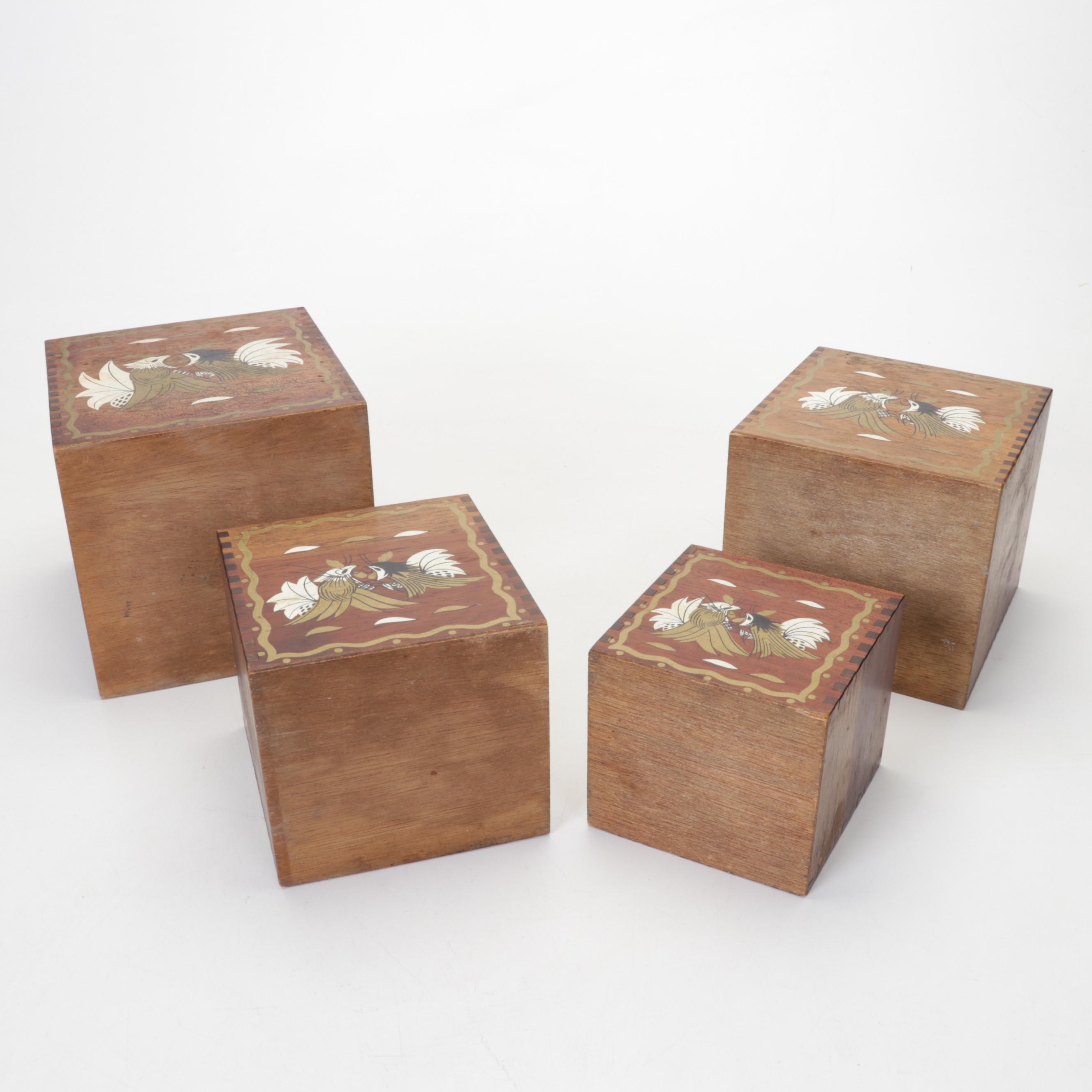 Dansk Enamel Paella and Loaf Pan with Japanese Wooden Rooster Nesting Boxes