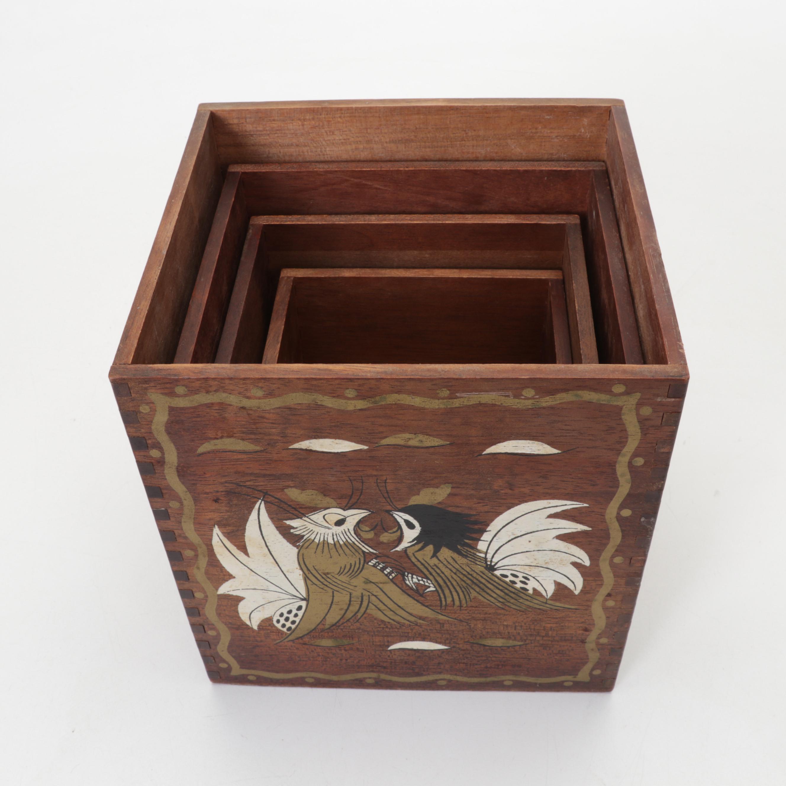 Dansk Enamel Paella and Loaf Pan with Japanese Wooden Rooster Nesting Boxes