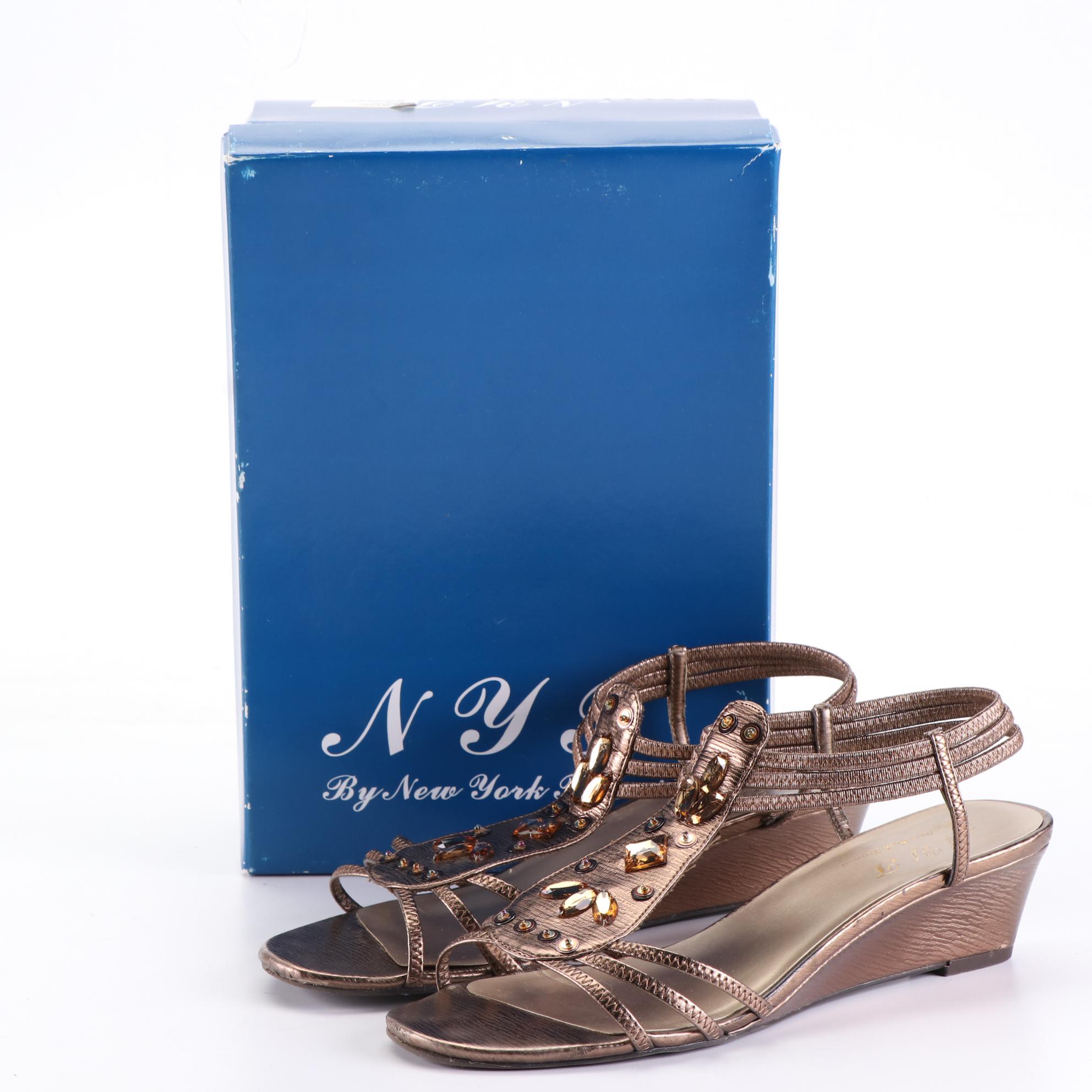 New York Transit Embellished Metallic Wedge Sandals with Box