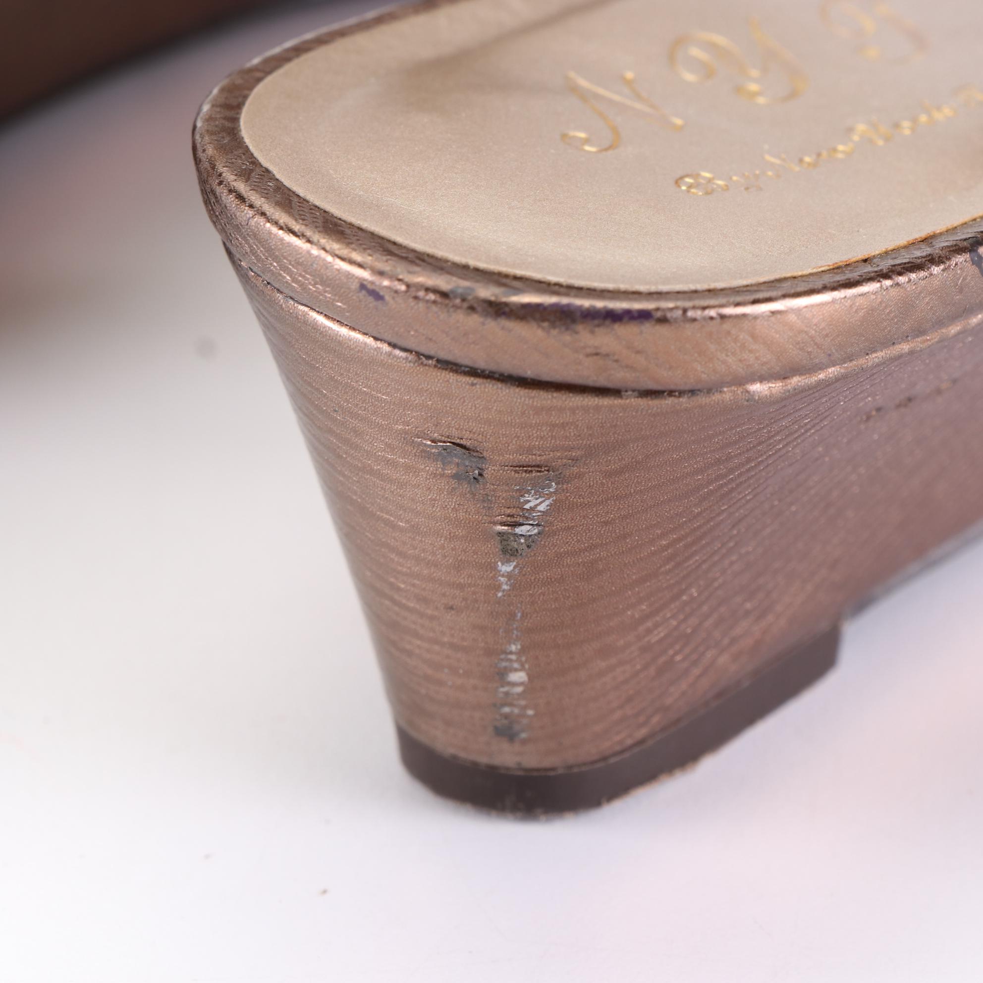 New York Transit Embellished Metallic Wedge Sandals with Box