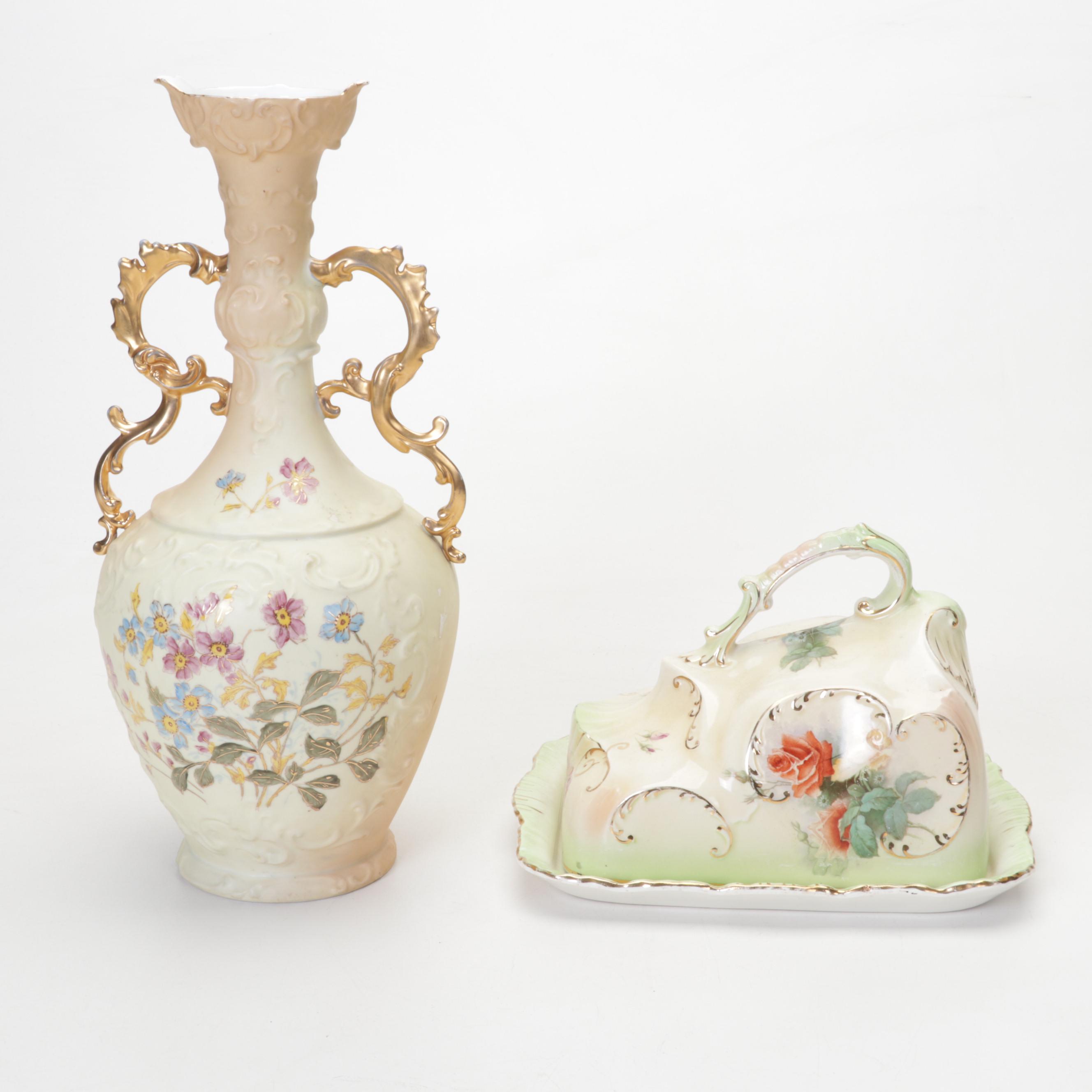 Rudolstadt Strauss & Söhne Porcelain Vase, Lamp, Cheese Keeper, Painting