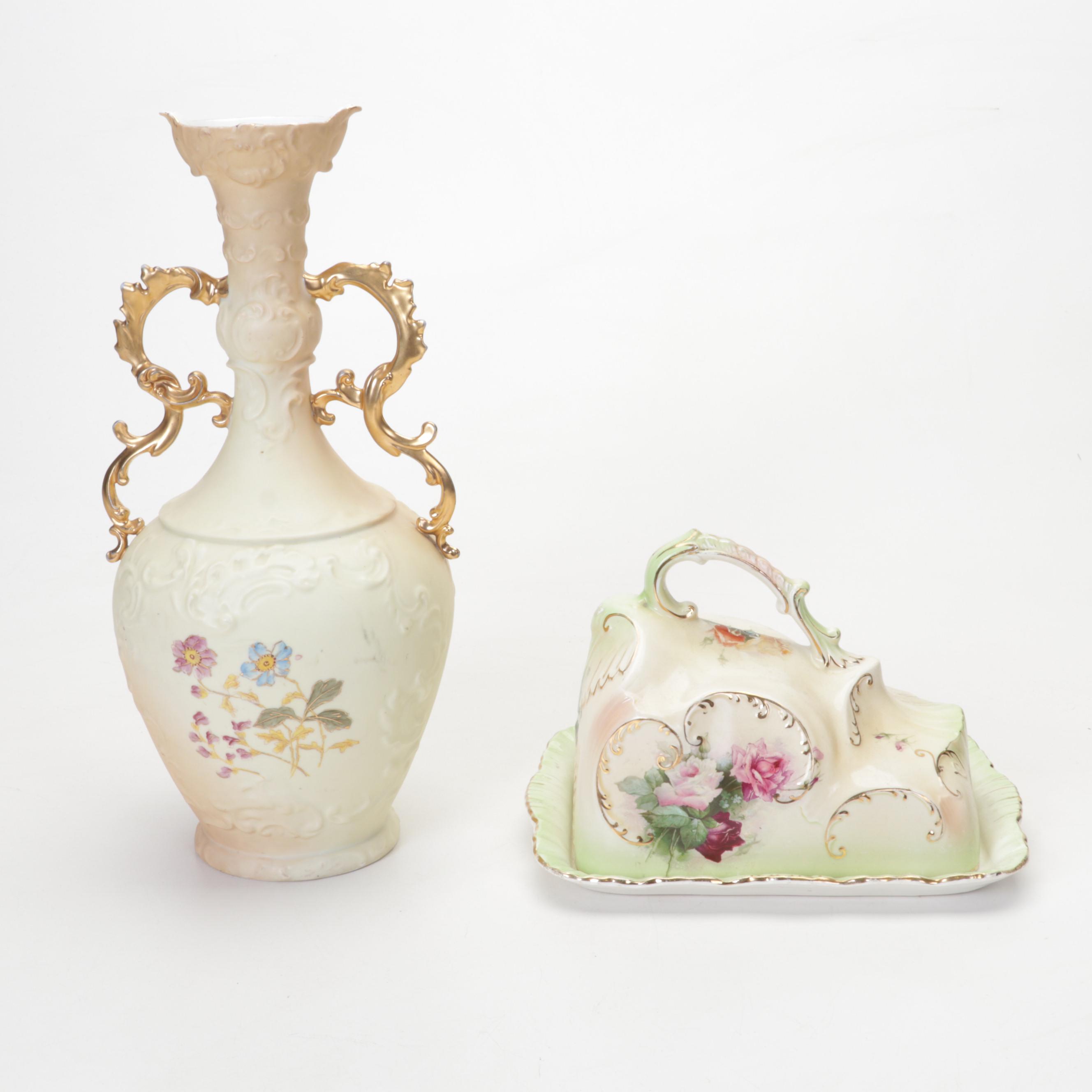 Rudolstadt Strauss & Söhne Porcelain Vase, Lamp, Cheese Keeper, Painting