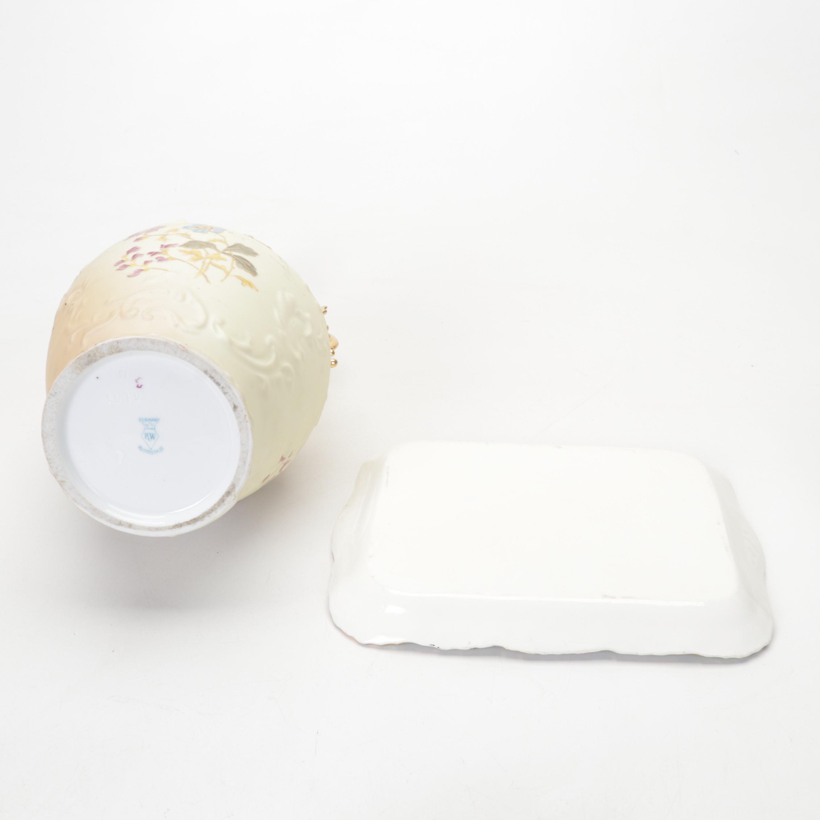 Rudolstadt Strauss & Söhne Porcelain Vase, Lamp, Cheese Keeper, Painting