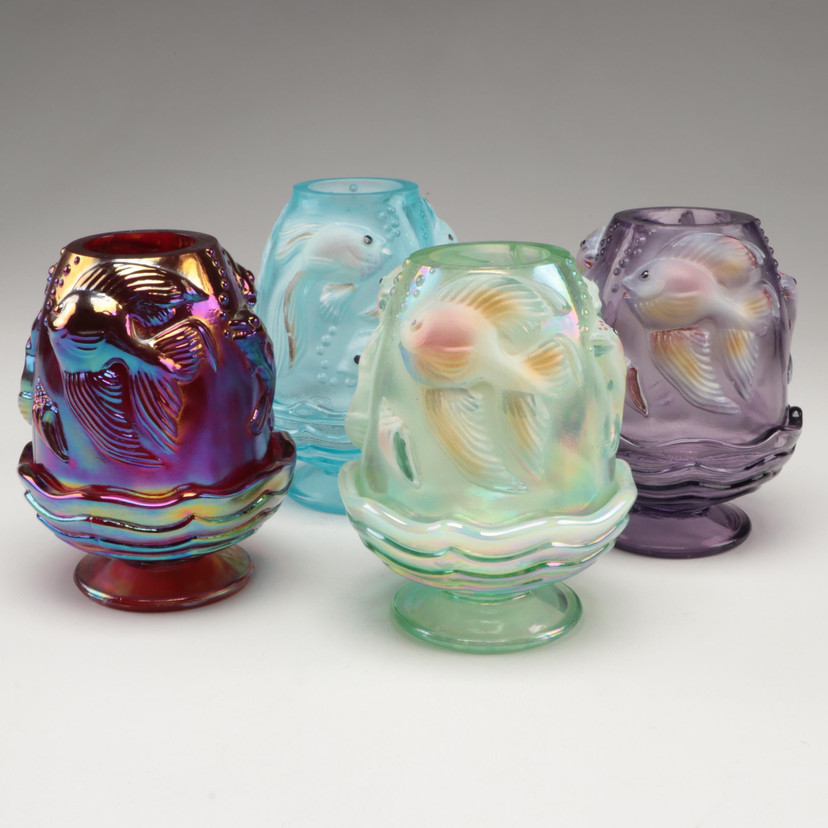 Fenton Atlantis Fish Carnival Glass Fairy Light Candle Holders