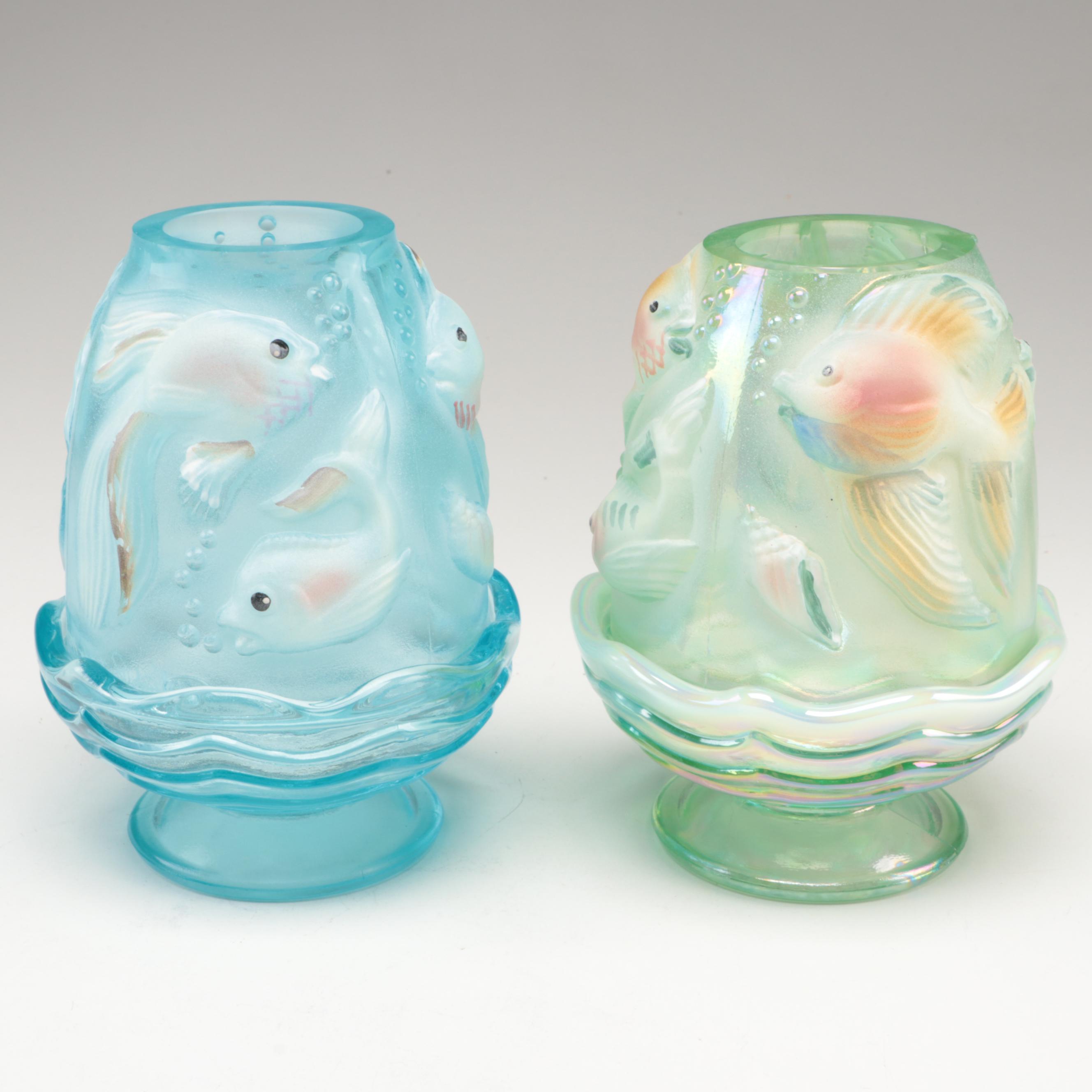 Fenton Atlantis Fish Carnival Glass Fairy Light Candle Holders
