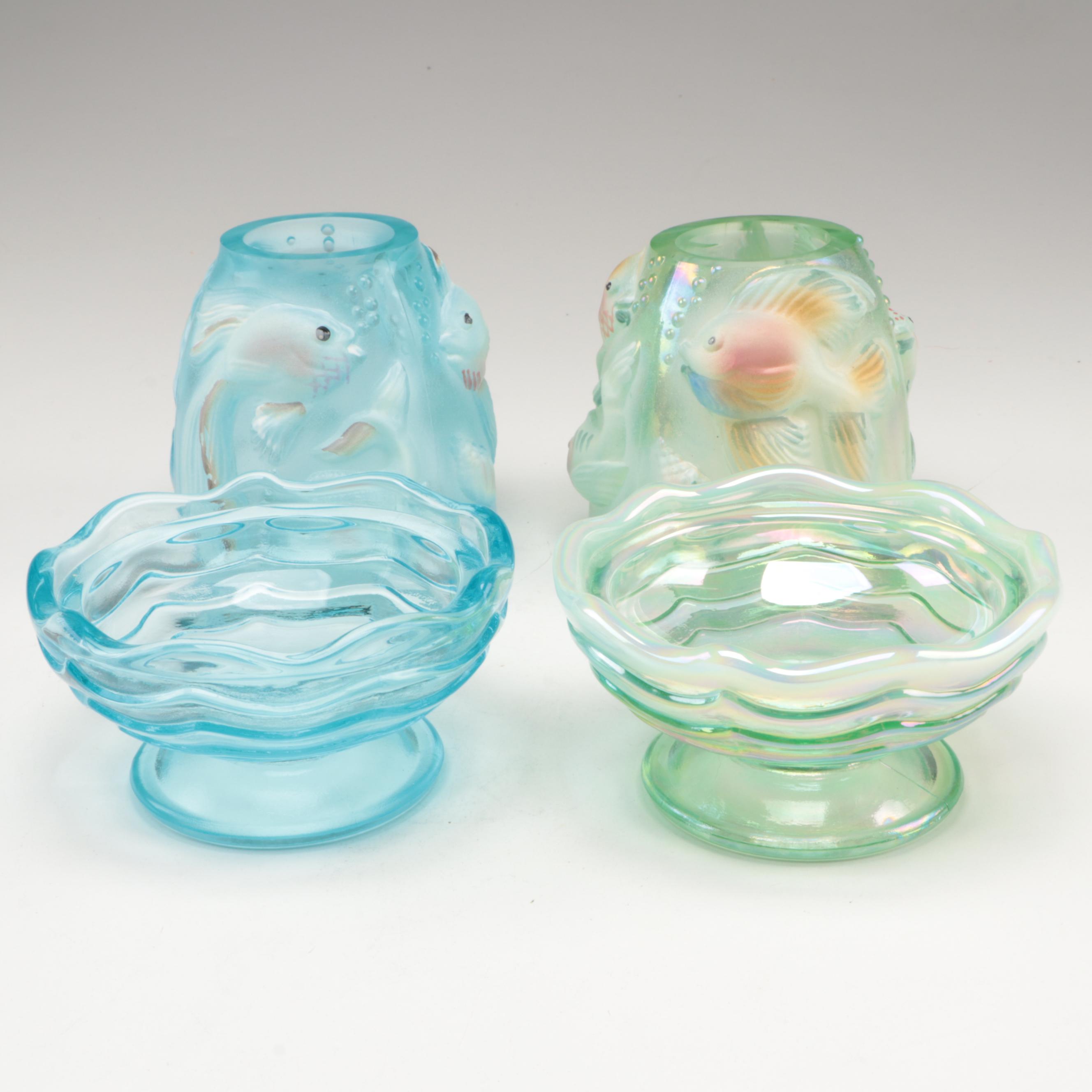 Fenton Atlantis Fish Carnival Glass Fairy Light Candle Holders