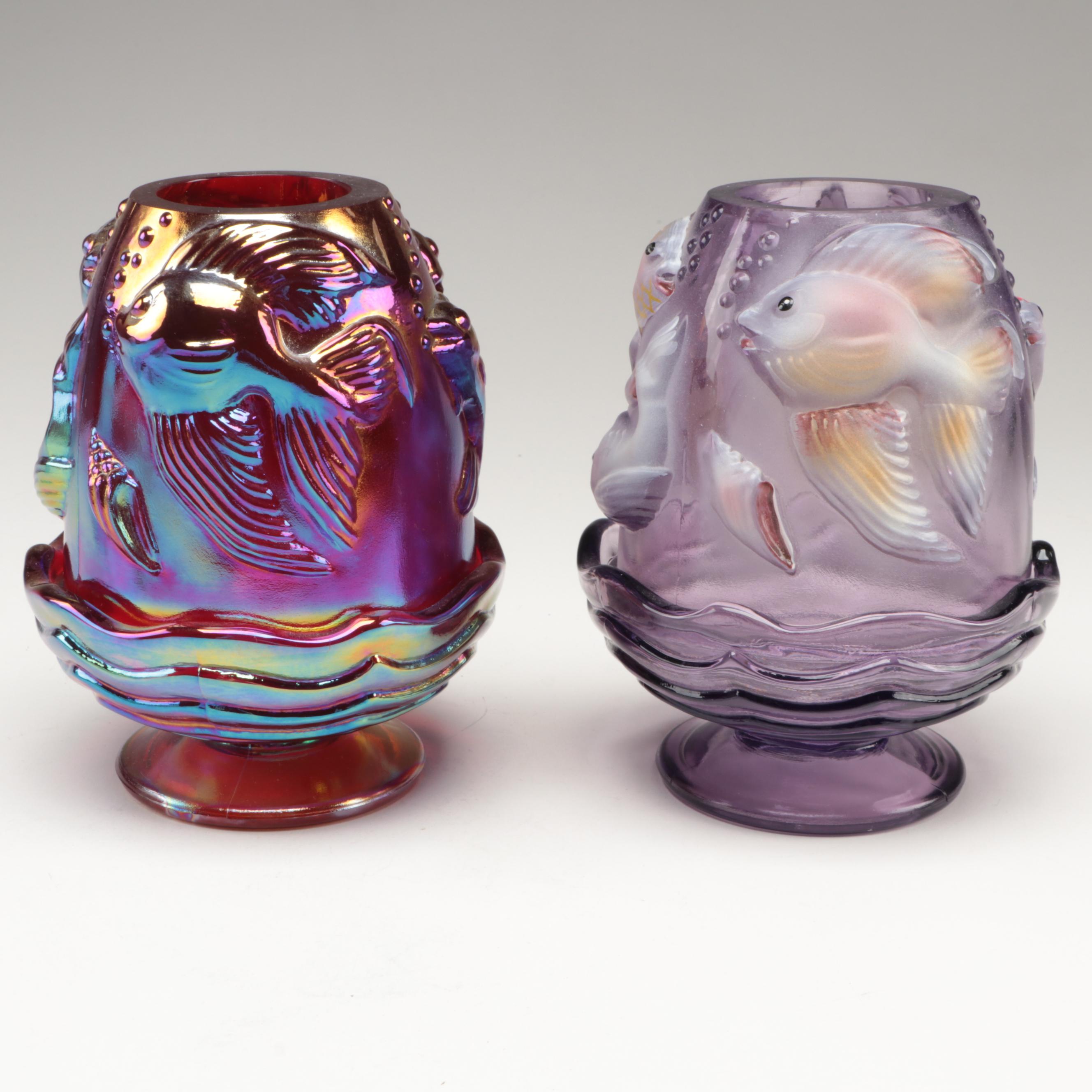 Fenton Atlantis Fish Carnival Glass Fairy Light Candle Holders