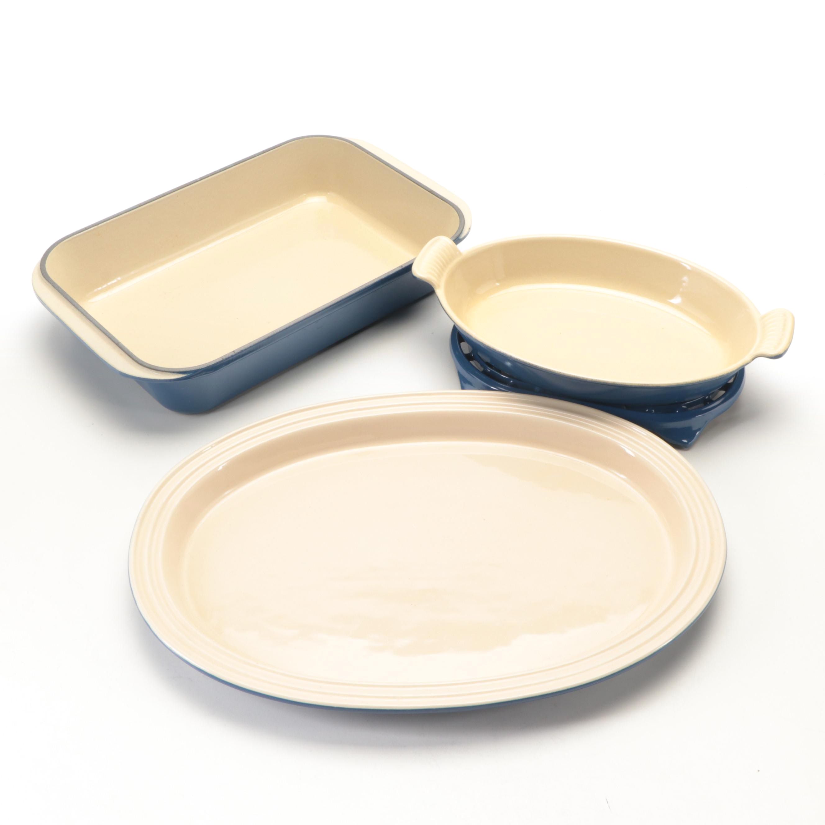 Le Creuset Enameled Cast Iron Baking Dishes, Trivet, and Stoneware Platter