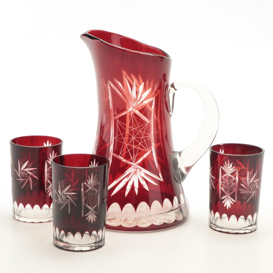 Ruby Cut to Clear Pinwheel Pattern Glass Pitcher and Tumblers, 20th Century