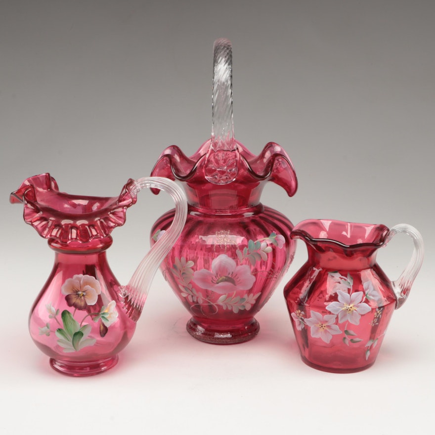 Fenton Hand-Painted Cranberry Glass Ruffle Rim Pitchers and Basket Vase