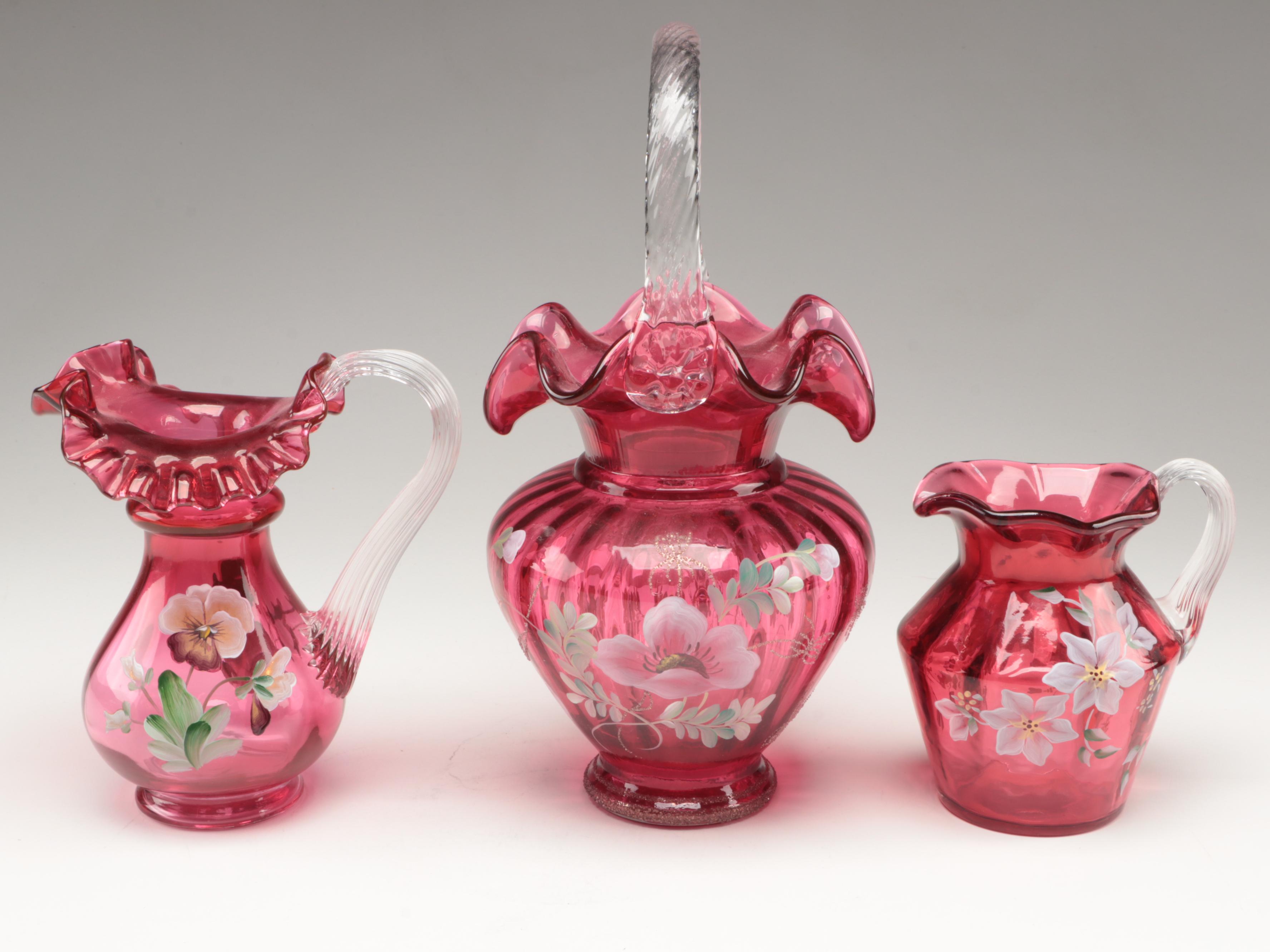 Fenton Hand-Painted Cranberry Glass Ruffle Rim Pitchers and Basket Vase