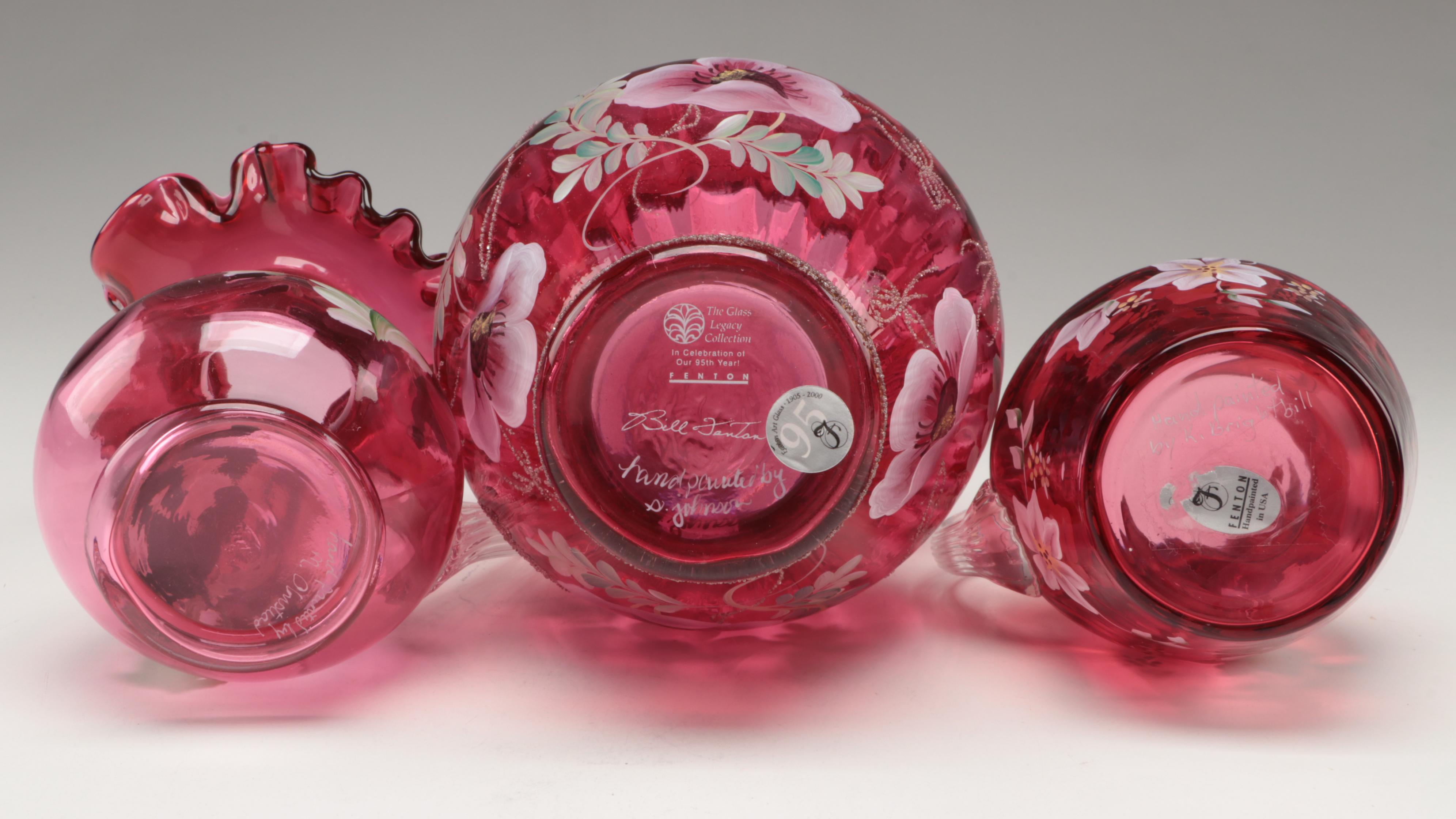 Fenton Hand-Painted Cranberry Glass Ruffle Rim Pitchers and Basket Vase