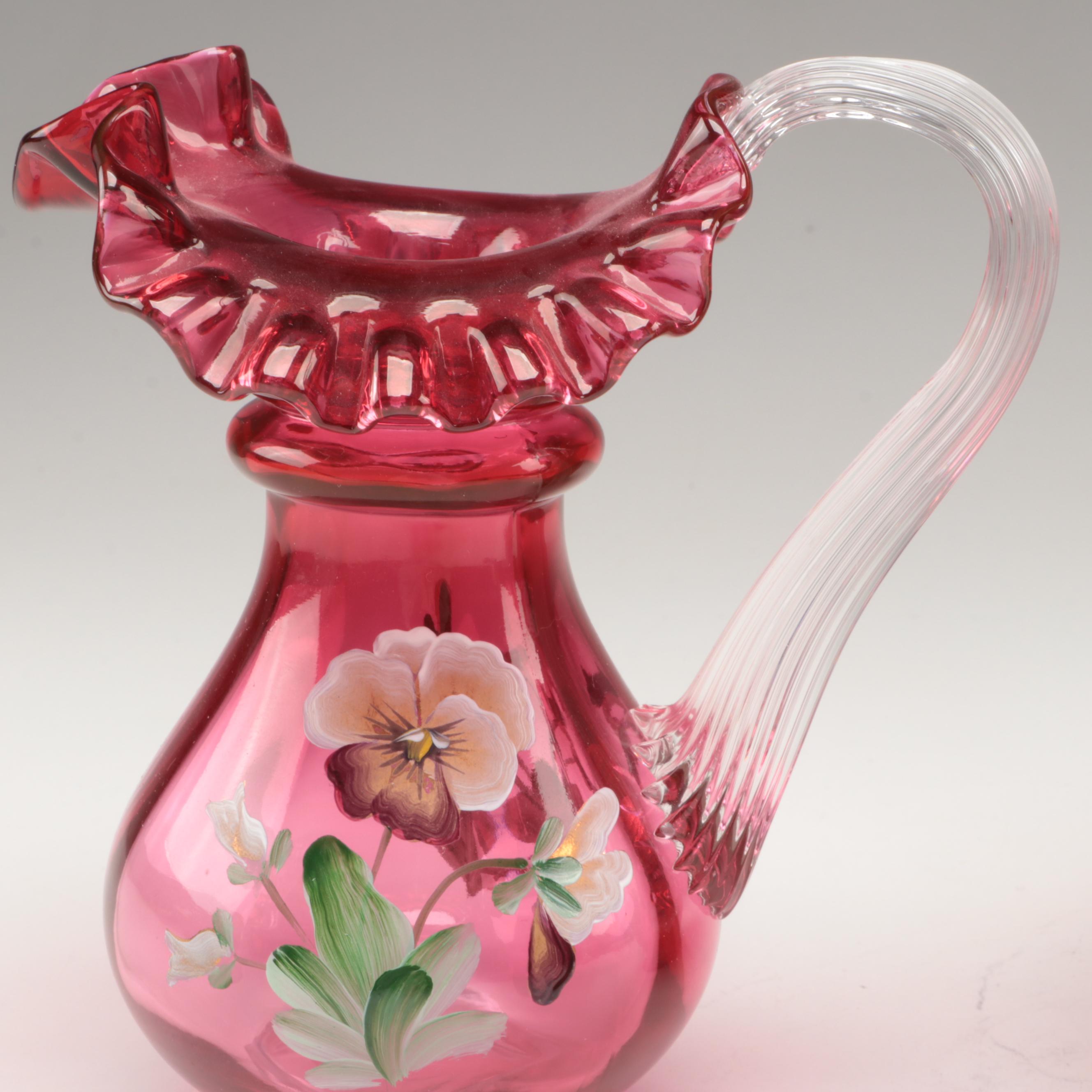 Fenton Hand-Painted Cranberry Glass Ruffle Rim Pitchers and Basket Vase