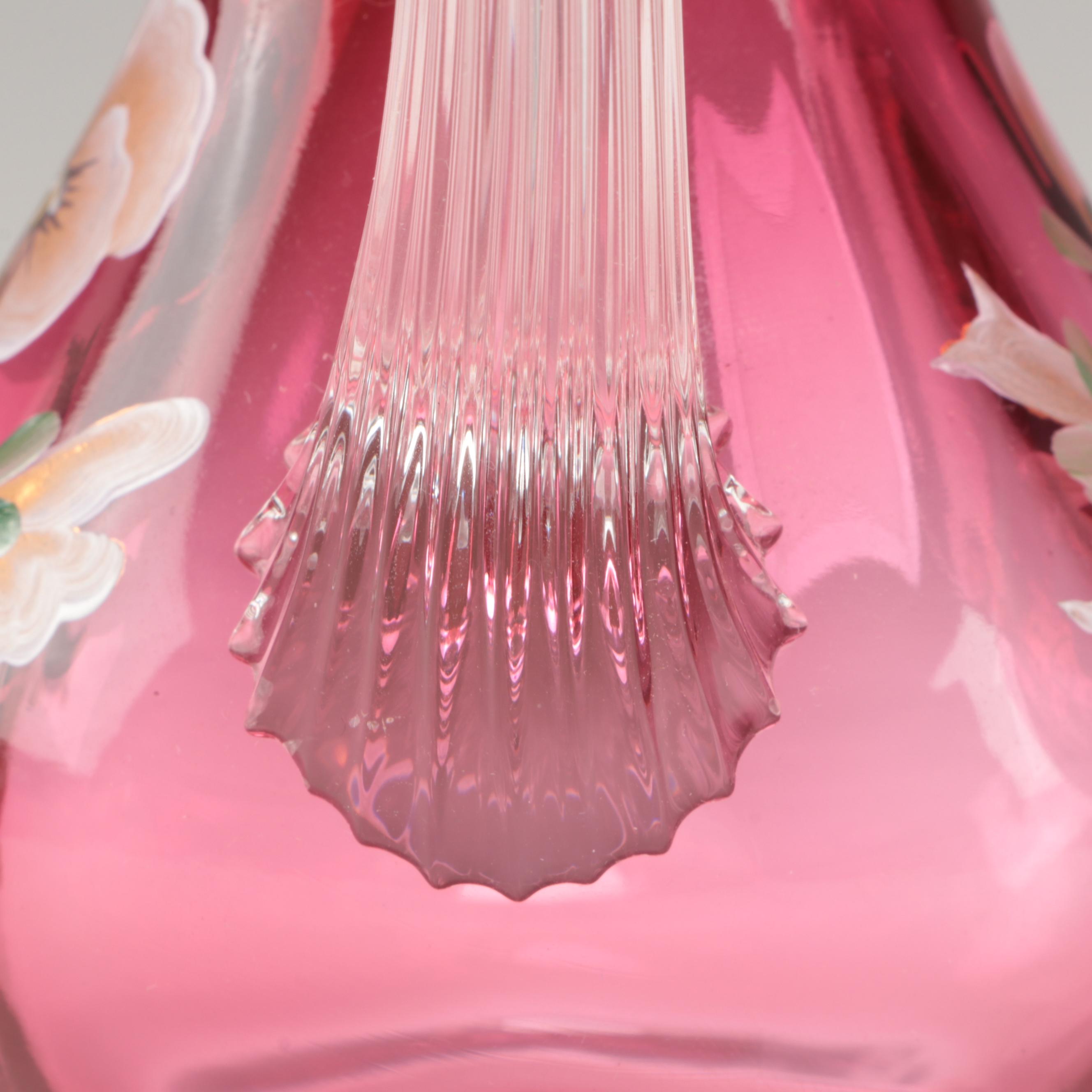 Fenton Hand-Painted Cranberry Glass Ruffle Rim Pitchers and Basket Vase