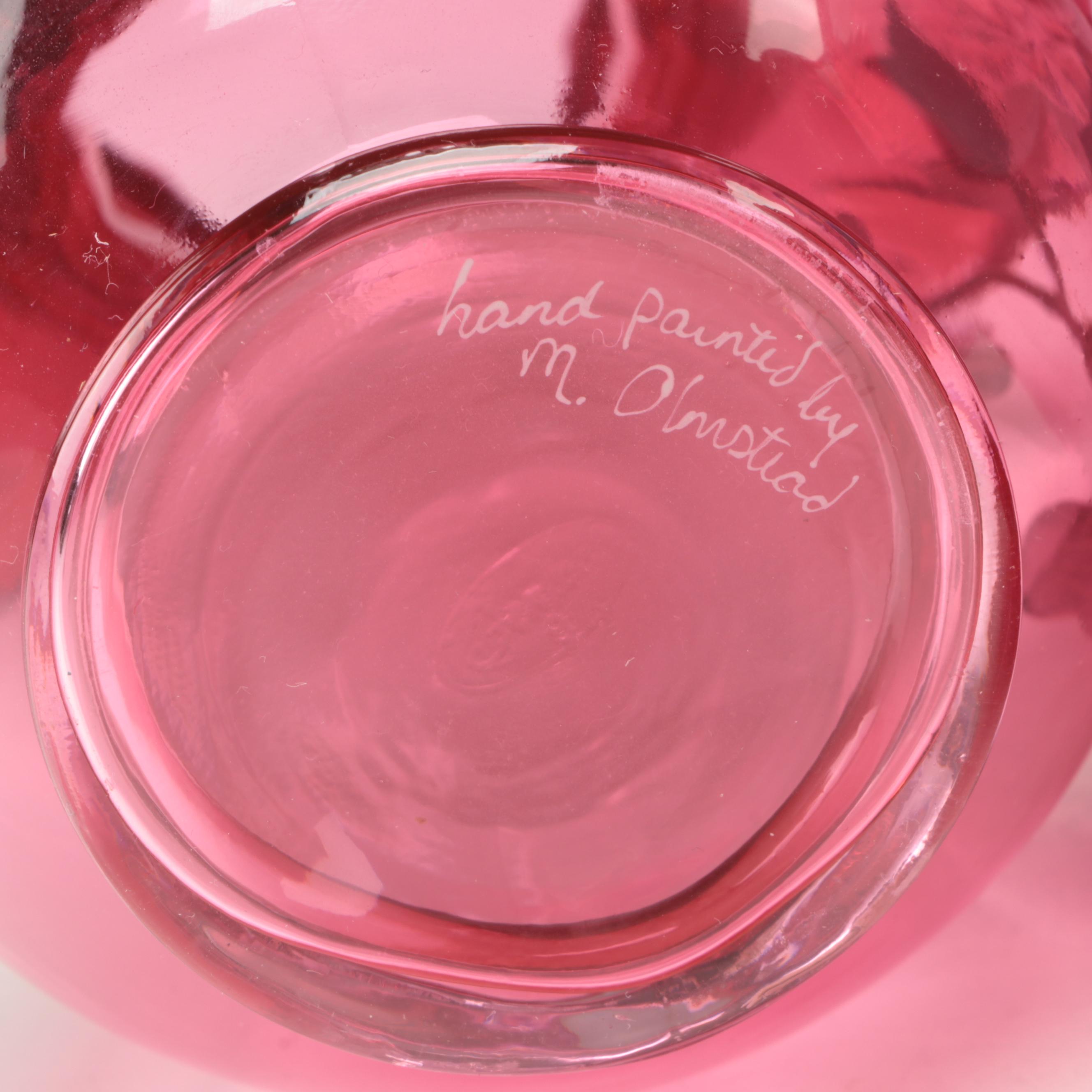 Fenton Hand-Painted Cranberry Glass Ruffle Rim Pitchers and Basket Vase