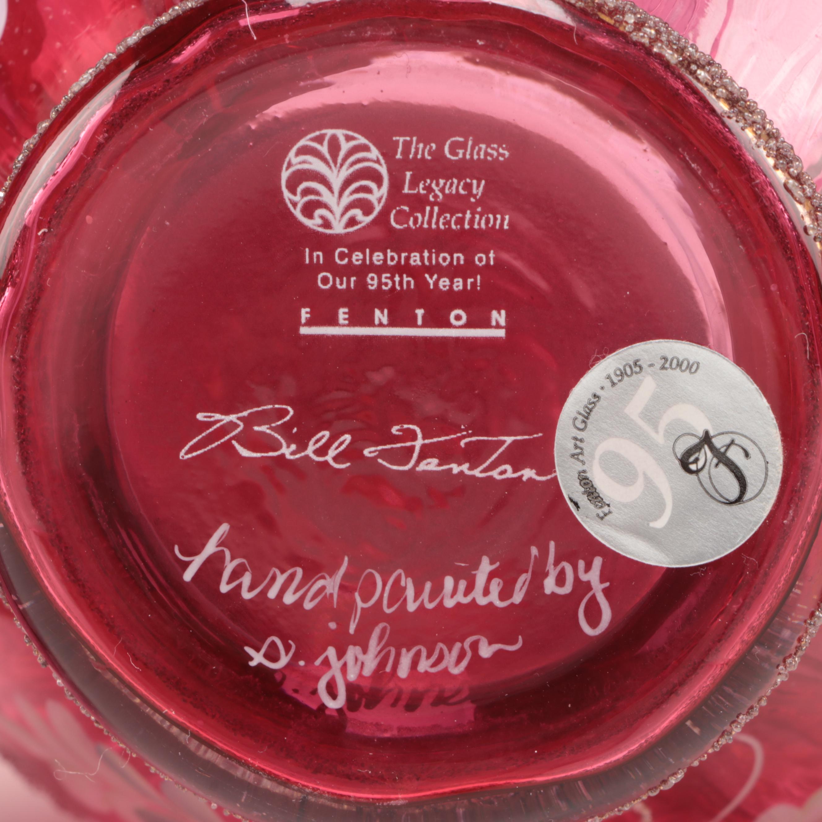 Fenton Hand-Painted Cranberry Glass Ruffle Rim Pitchers and Basket Vase