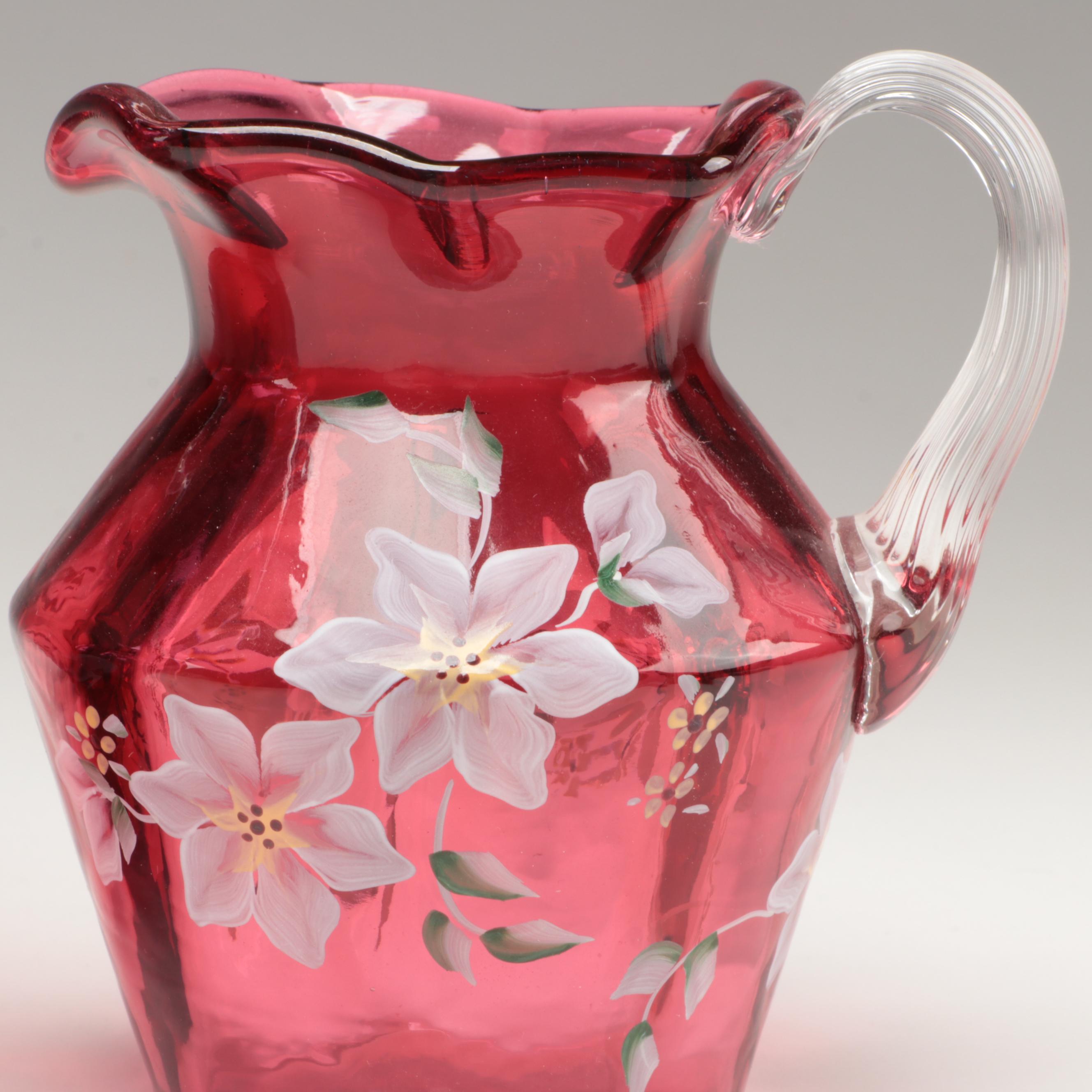 Fenton Hand-Painted Cranberry Glass Ruffle Rim Pitchers and Basket Vase