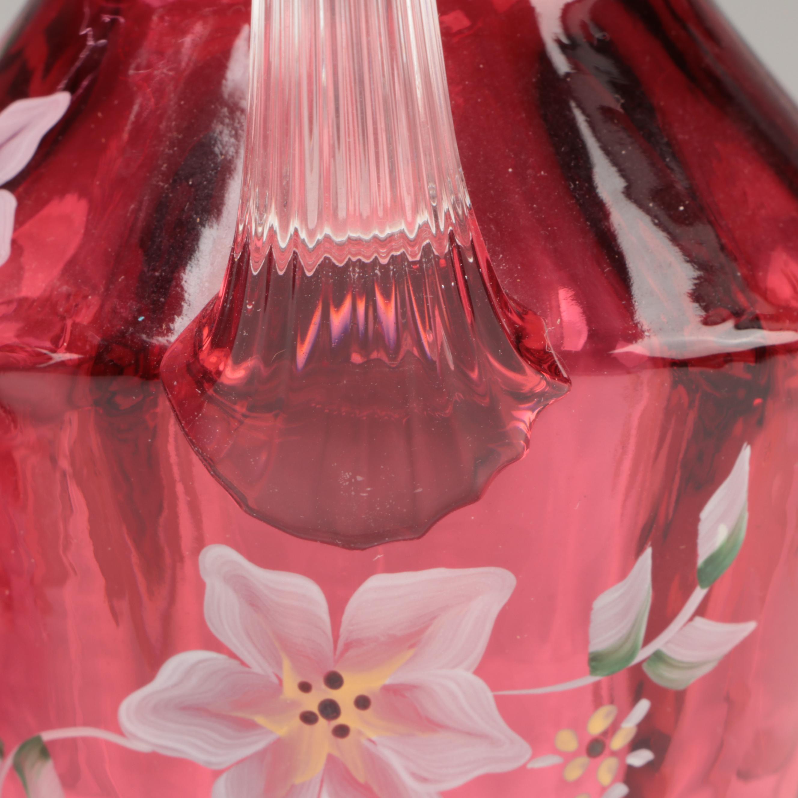 Fenton Hand-Painted Cranberry Glass Ruffle Rim Pitchers and Basket Vase