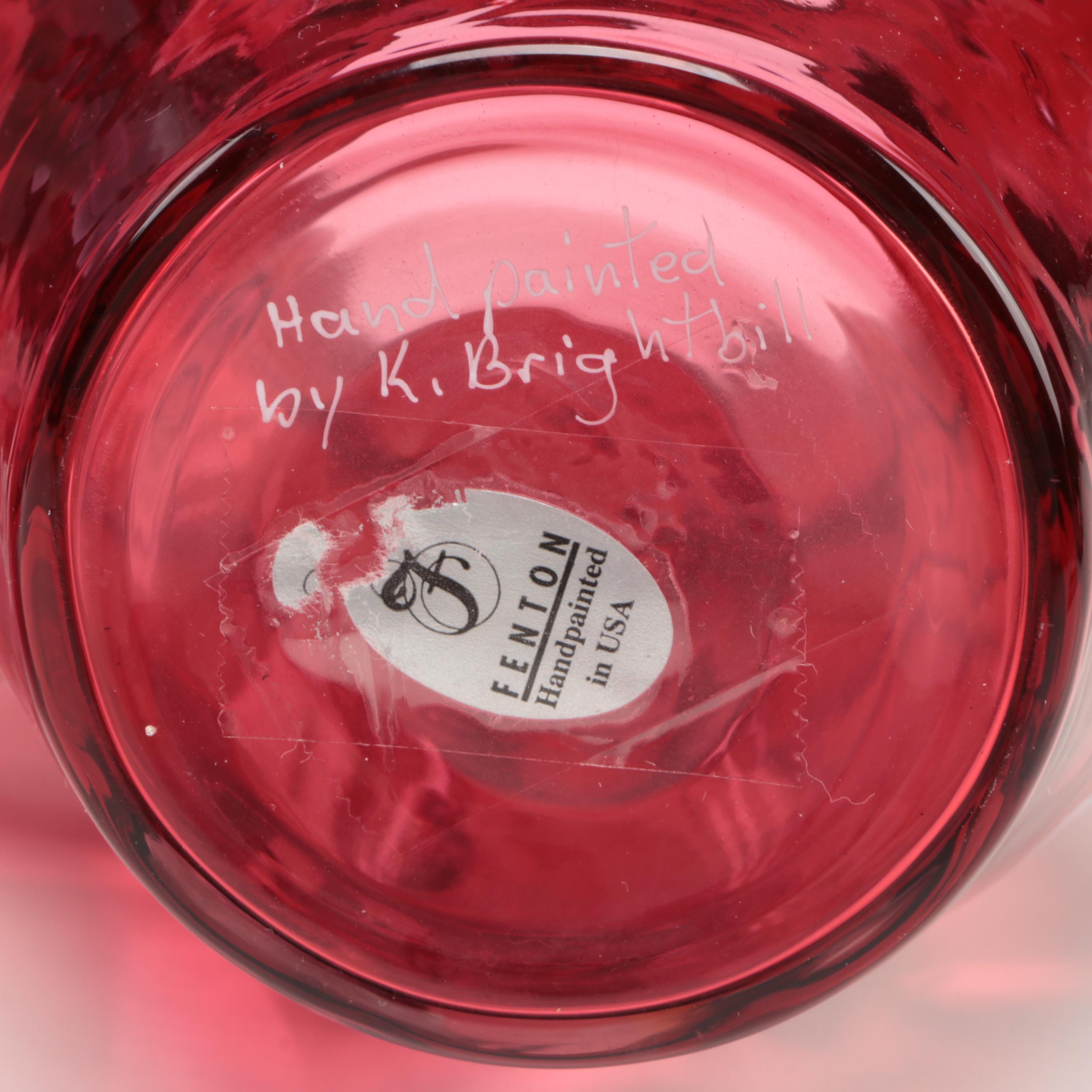 Fenton Hand-Painted Cranberry Glass Ruffle Rim Pitchers and Basket Vase